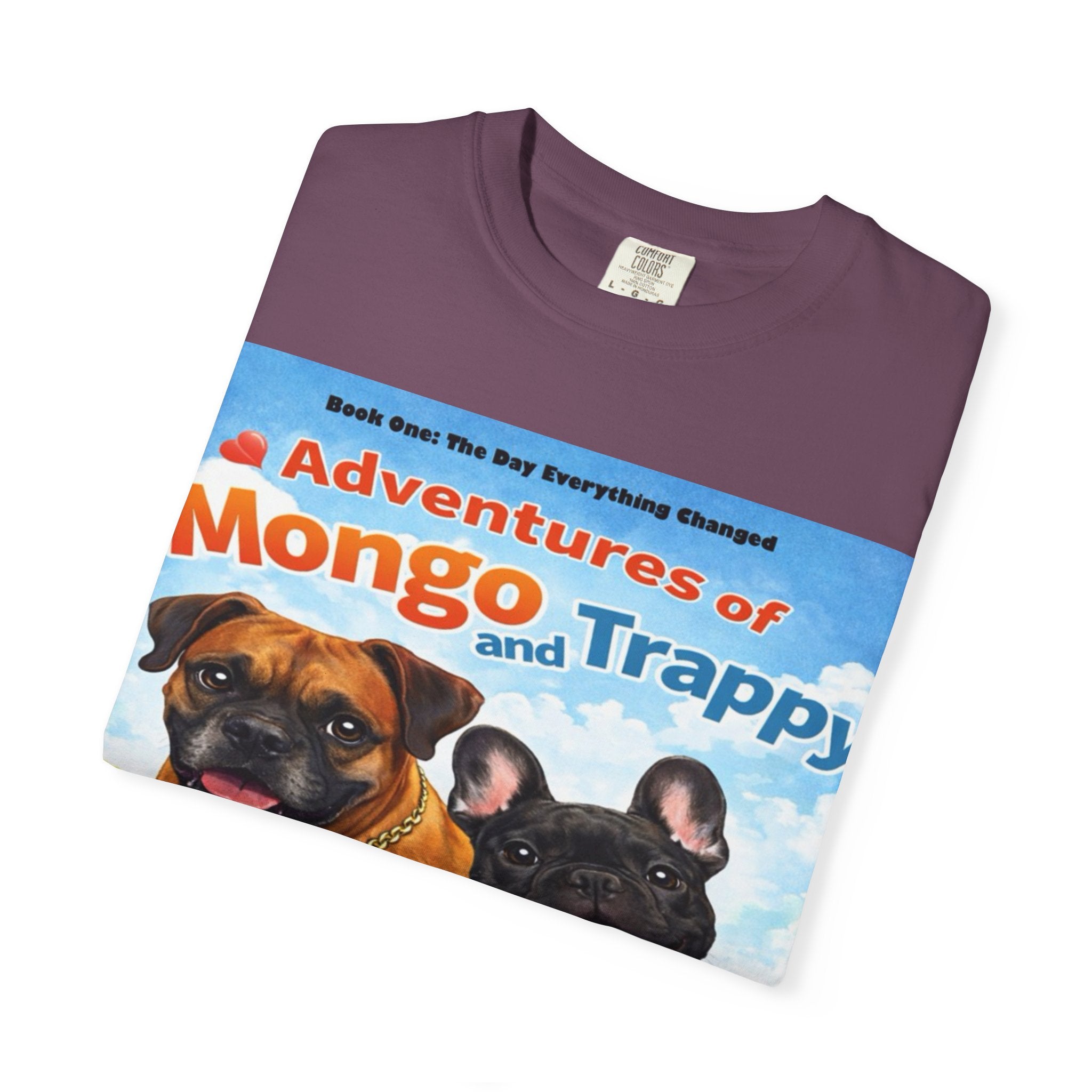 Adventures of Mongo & Trappy T-Shirt — Illustrated Dog Book Cover Tee with QR Code