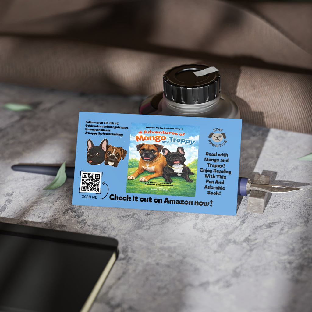Blue Promotional Business Cards — 'Adventures of Mongo & Trappy' Book Marketing Card with QR Code