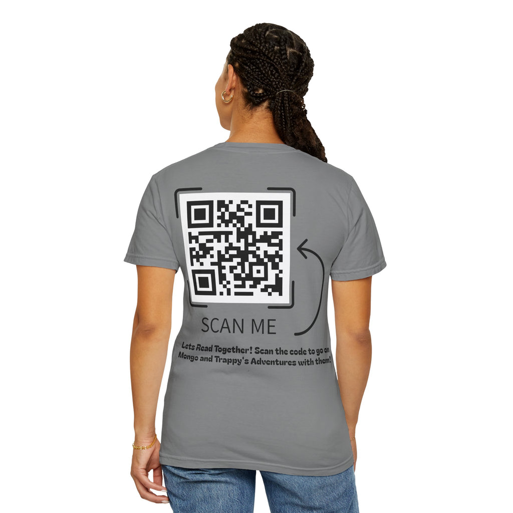 Adventures of Mongo & Trappy T-Shirt — Illustrated Dog Book Cover Tee with QR Code