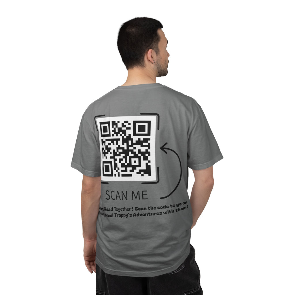 Adventures of Mongo & Trappy T-Shirt — Illustrated Dog Book Cover Tee with QR Code