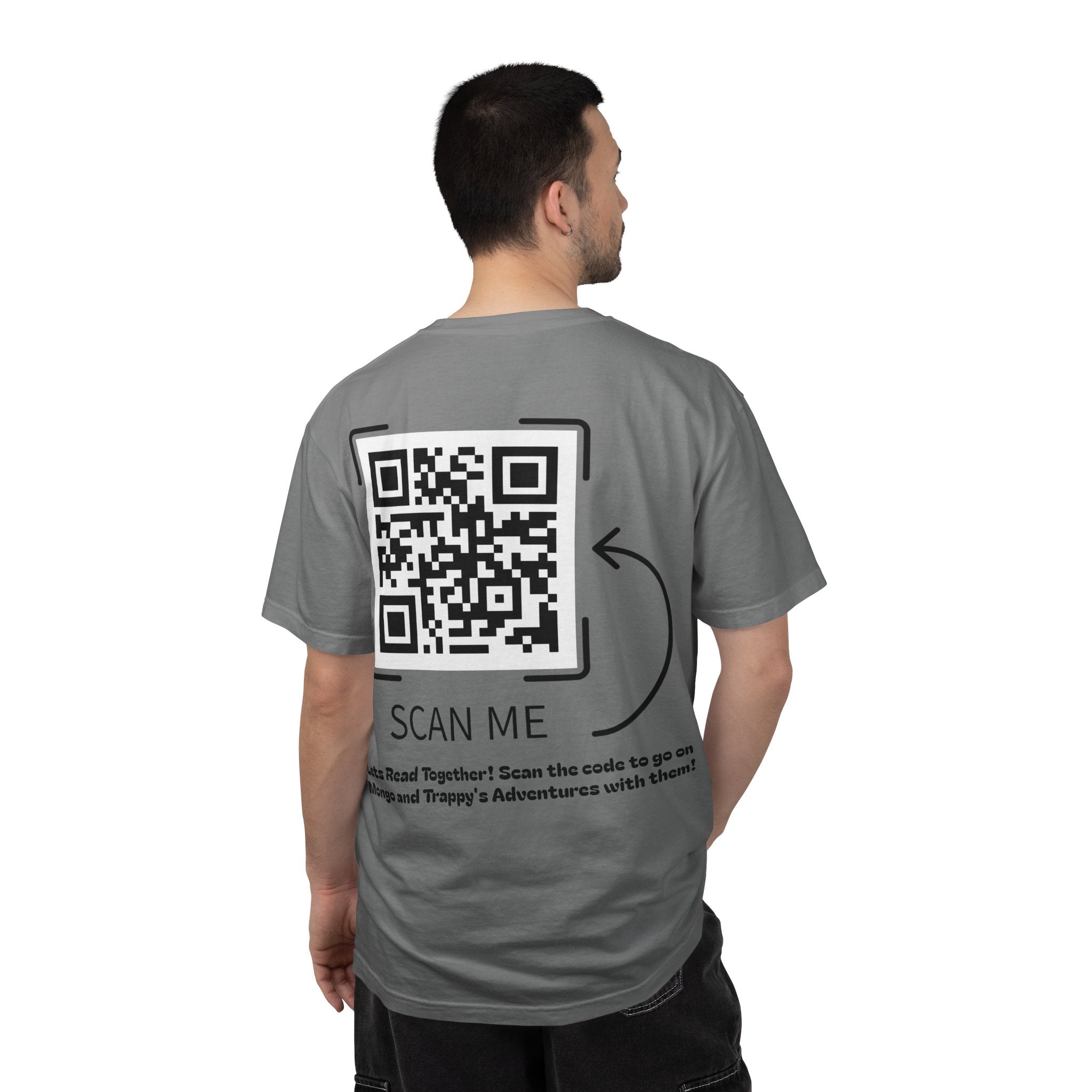 Adventures of Mongo & Trappy T-Shirt — Illustrated Dog Book Cover Tee with QR Code