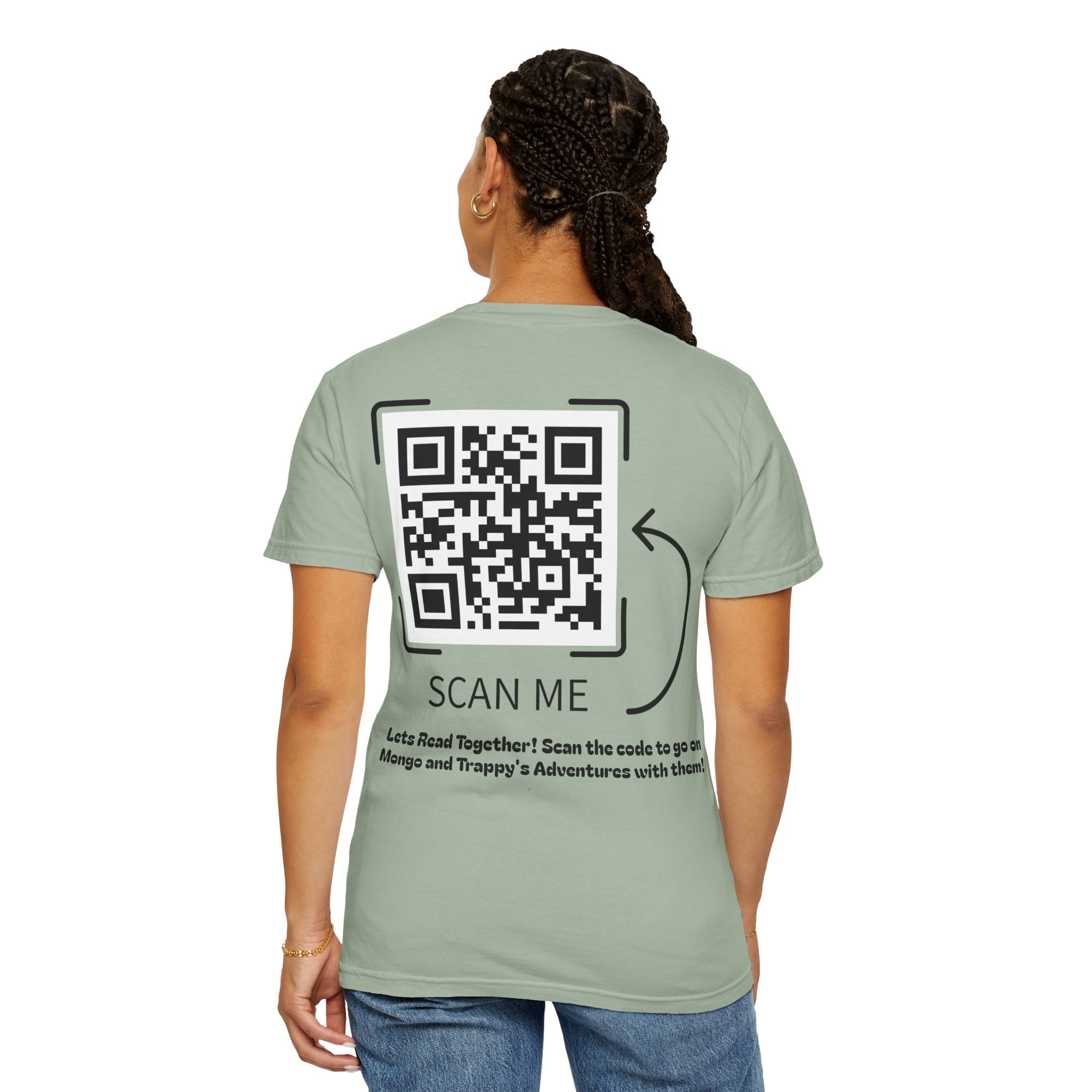 Adventures of Mongo & Trappy T-Shirt — Illustrated Dog Book Cover Tee with QR Code