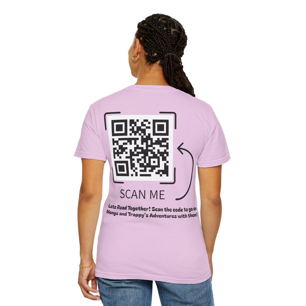 Adventures of Mongo & Trappy T-Shirt — Illustrated Dog Book Cover Tee with QR Code