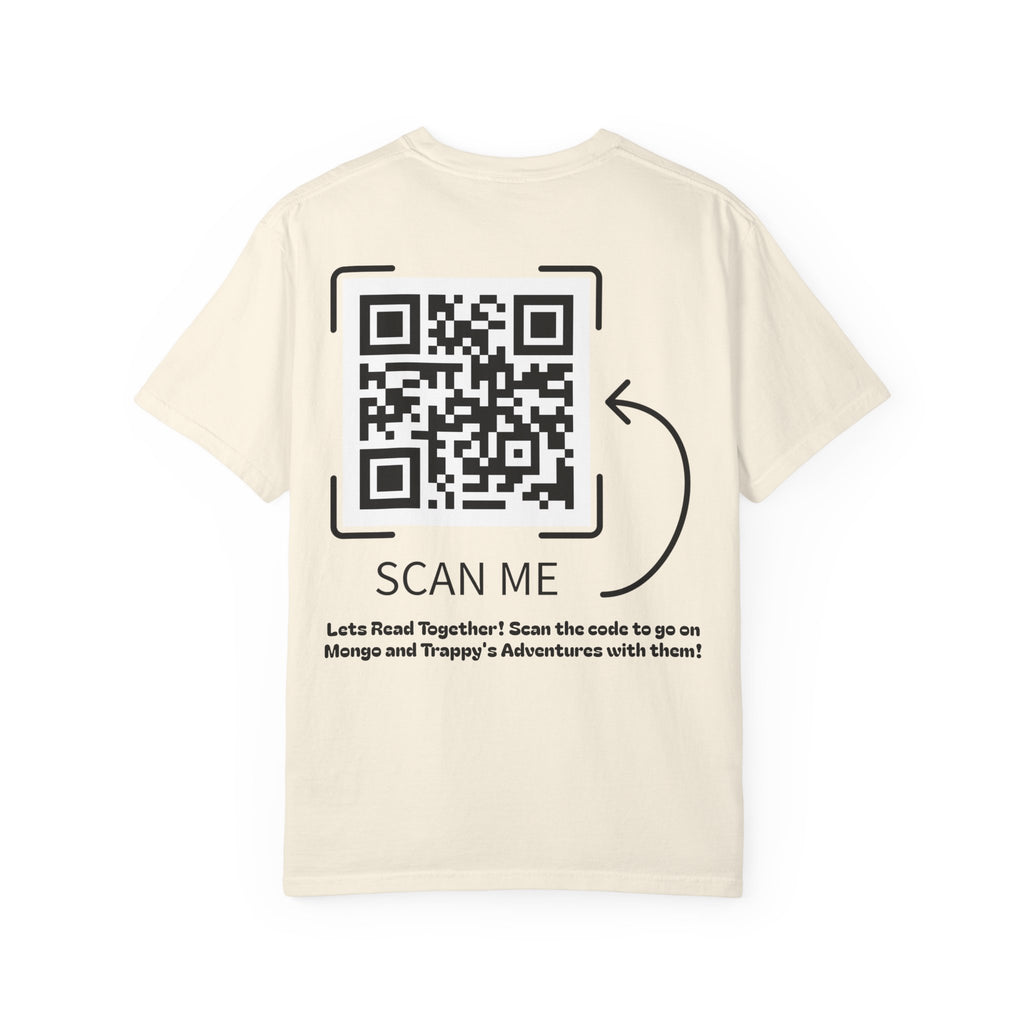 Adventures of Mongo & Trappy T-Shirt — Illustrated Dog Book Cover Tee with QR Code