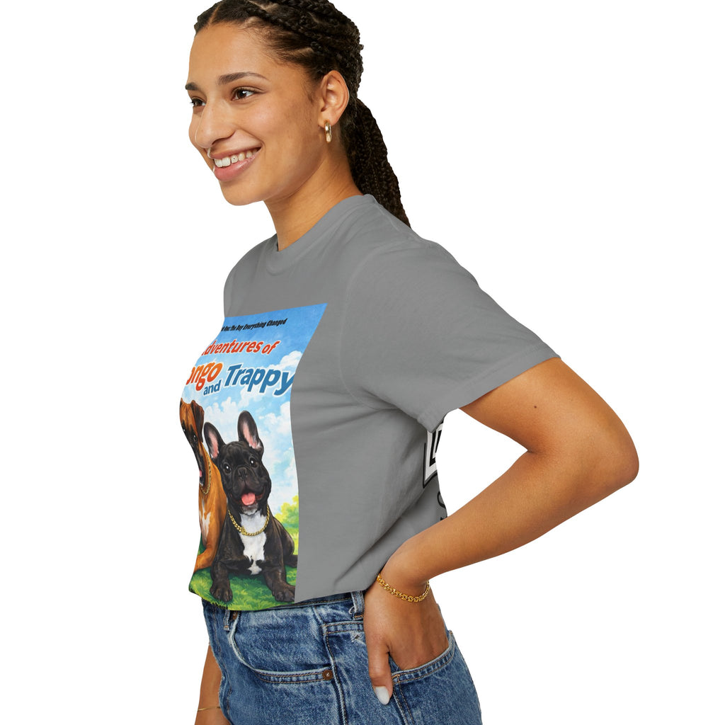 Adventures of Mongo & Trappy T-Shirt — Illustrated Dog Book Cover Tee with QR Code