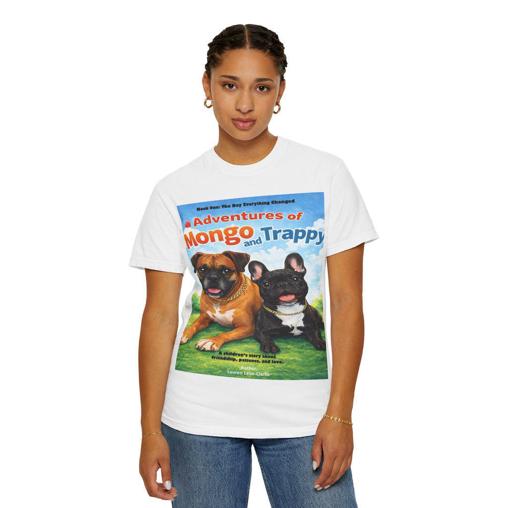 Adventures of Mongo & Trappy T-Shirt — Illustrated Dog Book Cover Tee with QR Code
