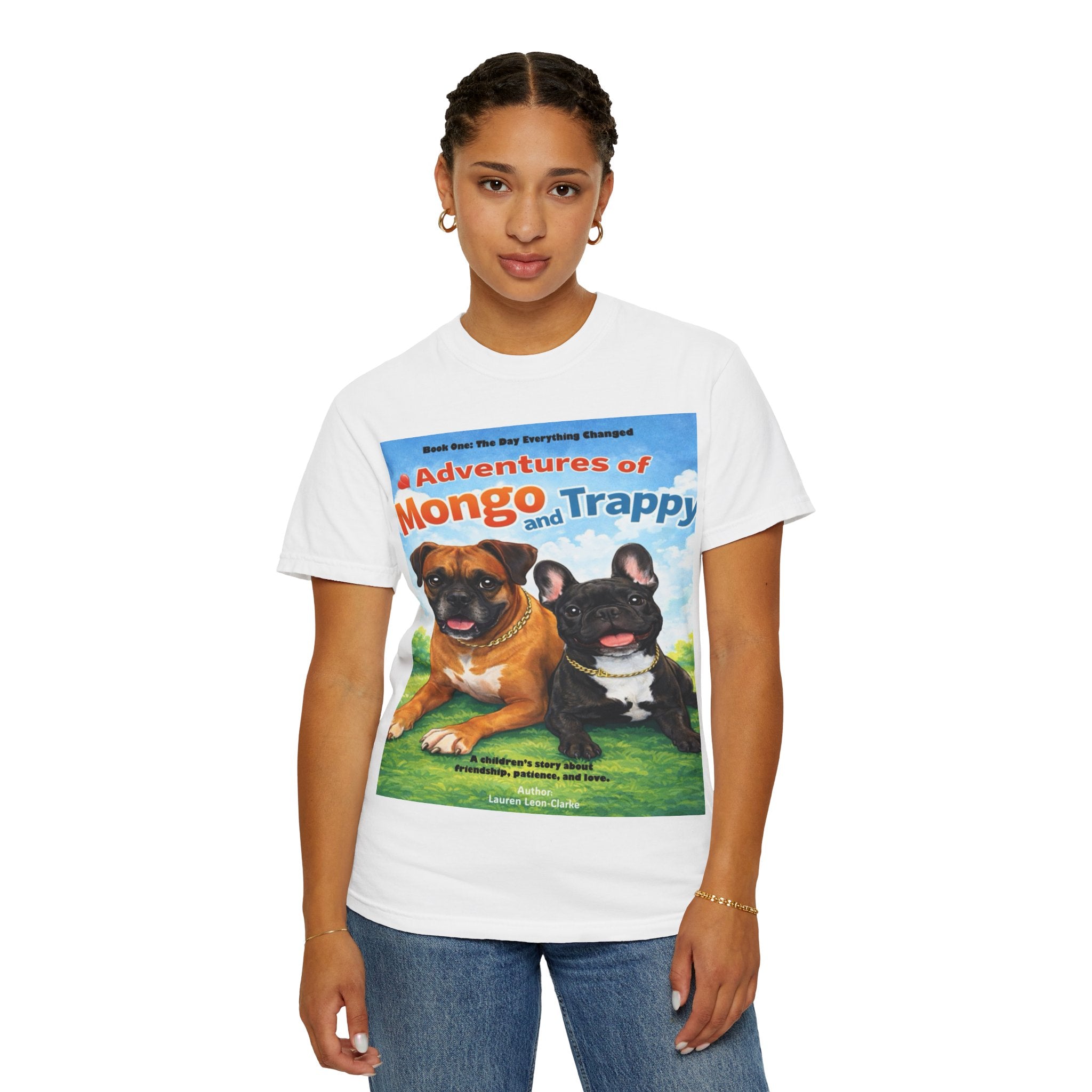 Adventures of Mongo & Trappy T-Shirt — Illustrated Dog Book Cover Tee with QR Code