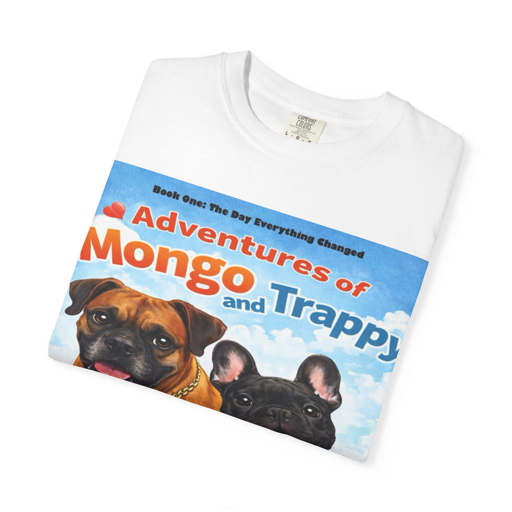 Adventures of Mongo & Trappy T-Shirt — Illustrated Dog Book Cover Tee with QR Code