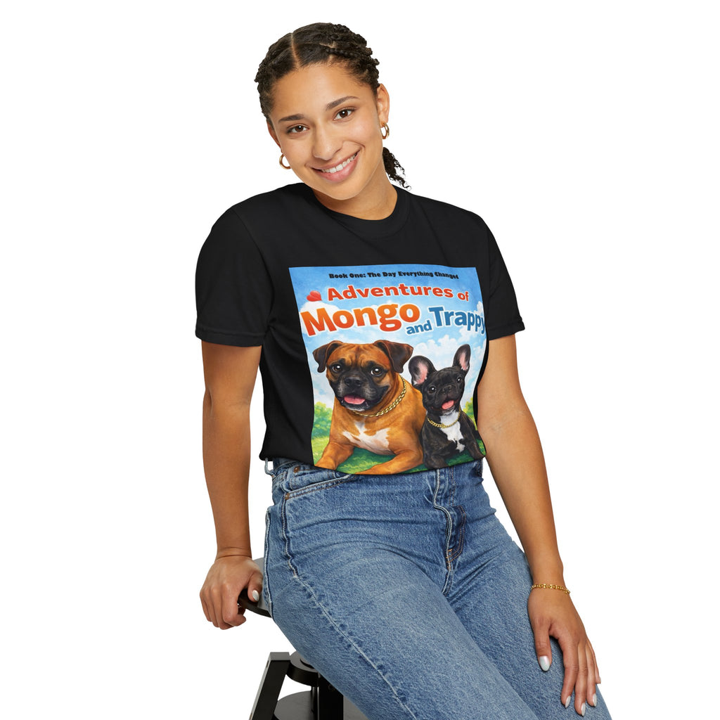 Adventures of Mongo & Trappy T-Shirt — Illustrated Dog Book Cover Tee with QR Code