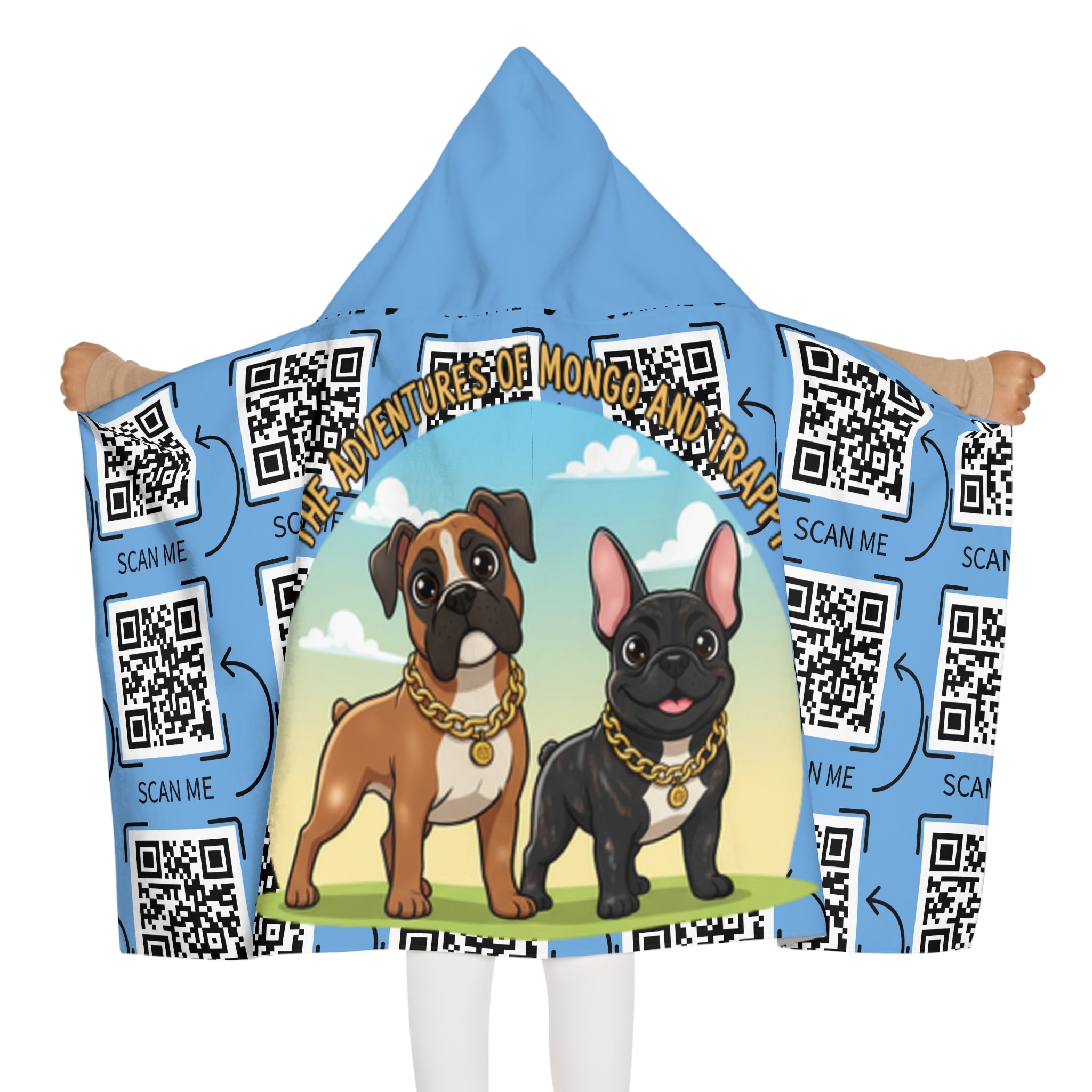 Youth Hooded Towel — "The Adventures of Mongo and Trappy" Cartoon Dogs Beach Towel with QR Code Design