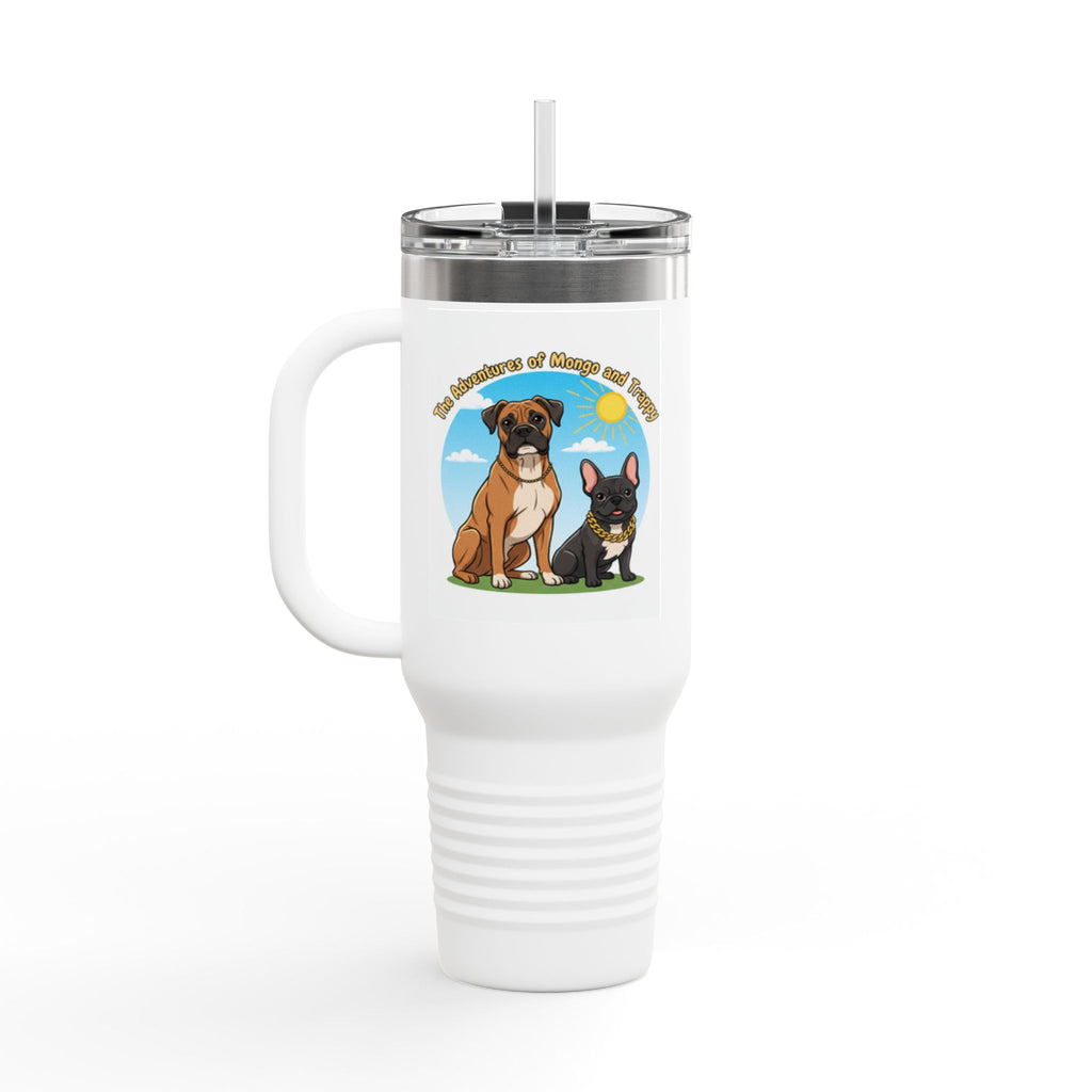 40oz Insulated Travel Mug — "My Adventures with Mongo and Trapper" Dog Portrait Tumbler