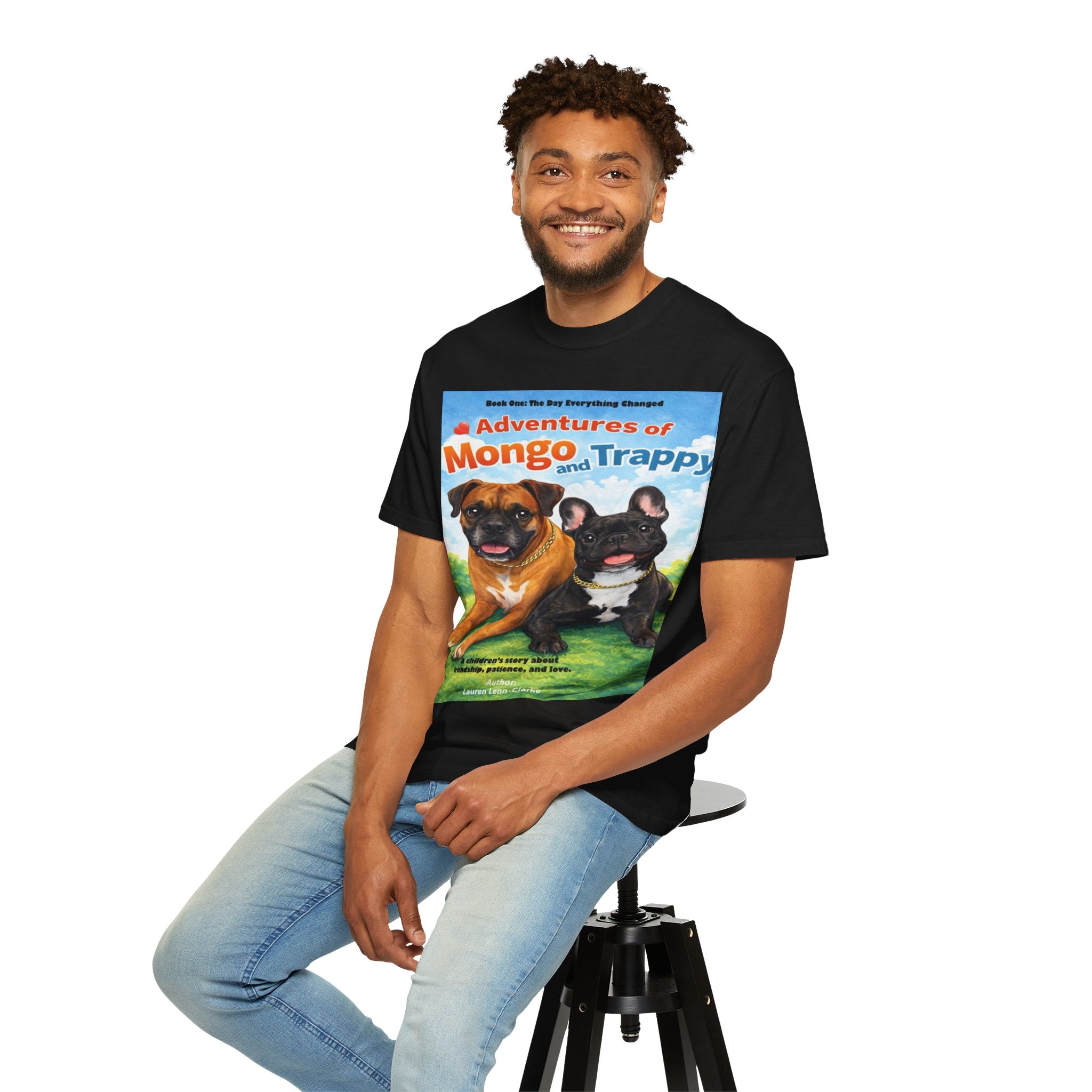 Adventures of Mongo & Trappy T-Shirt — Illustrated Dog Book Cover Tee with QR Code