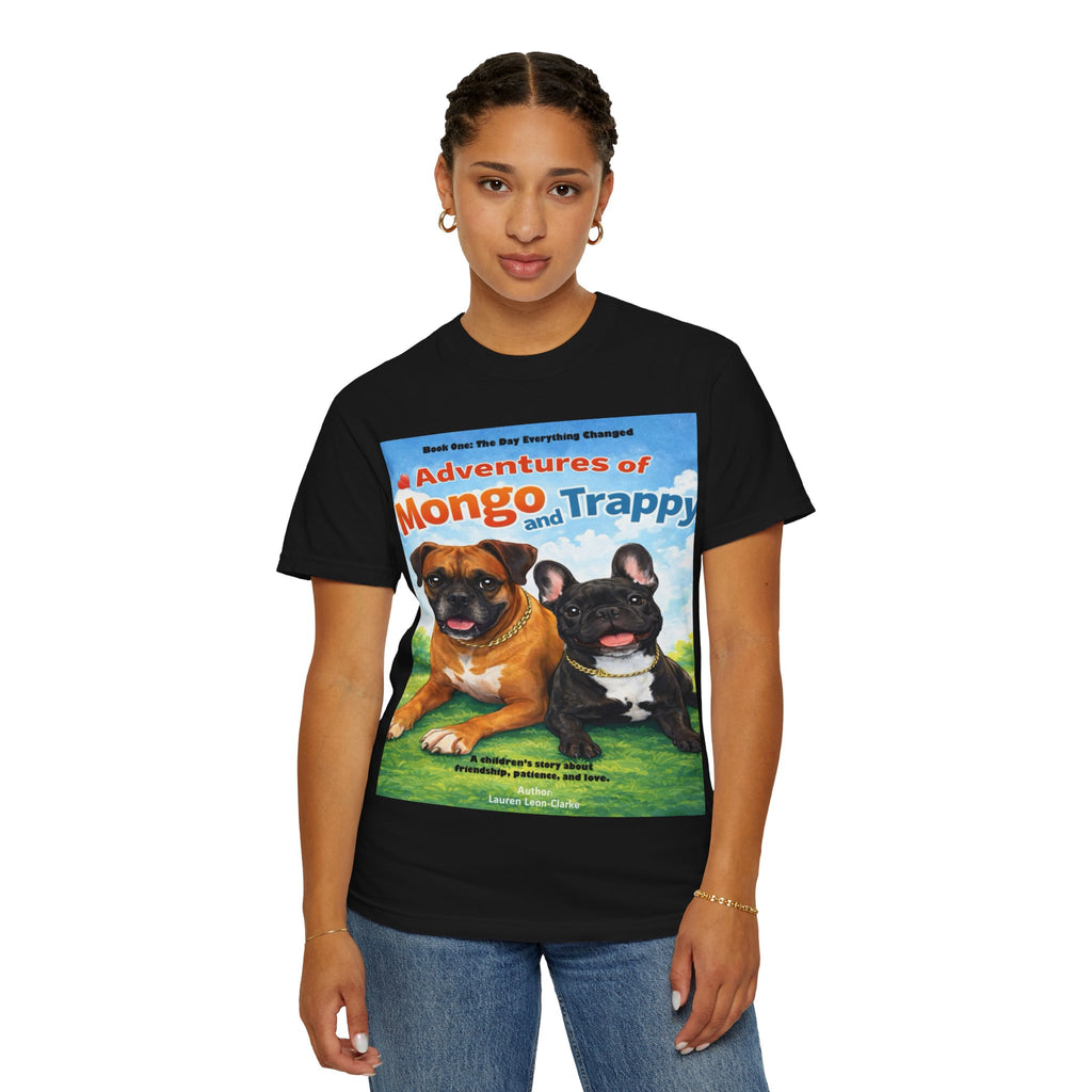 Adventures of Mongo & Trappy T-Shirt — Illustrated Dog Book Cover Tee with QR Code