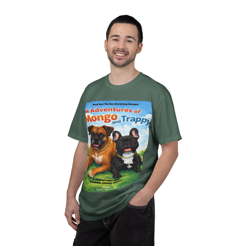 Adventures of Mongo & Trappy T-Shirt — Illustrated Dog Book Cover Tee with QR Code