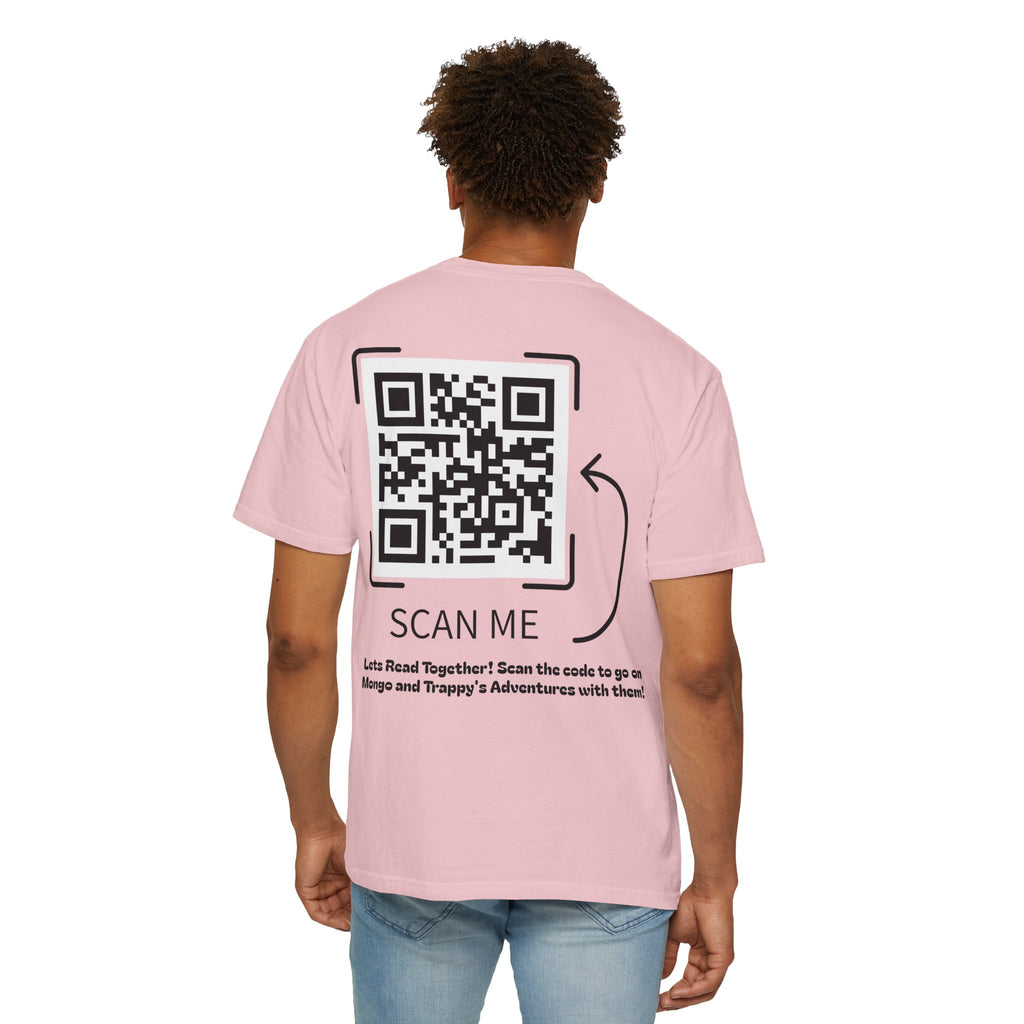 Adventures of Mongo & Trappy T-Shirt — Illustrated Dog Book Cover Tee with QR Code