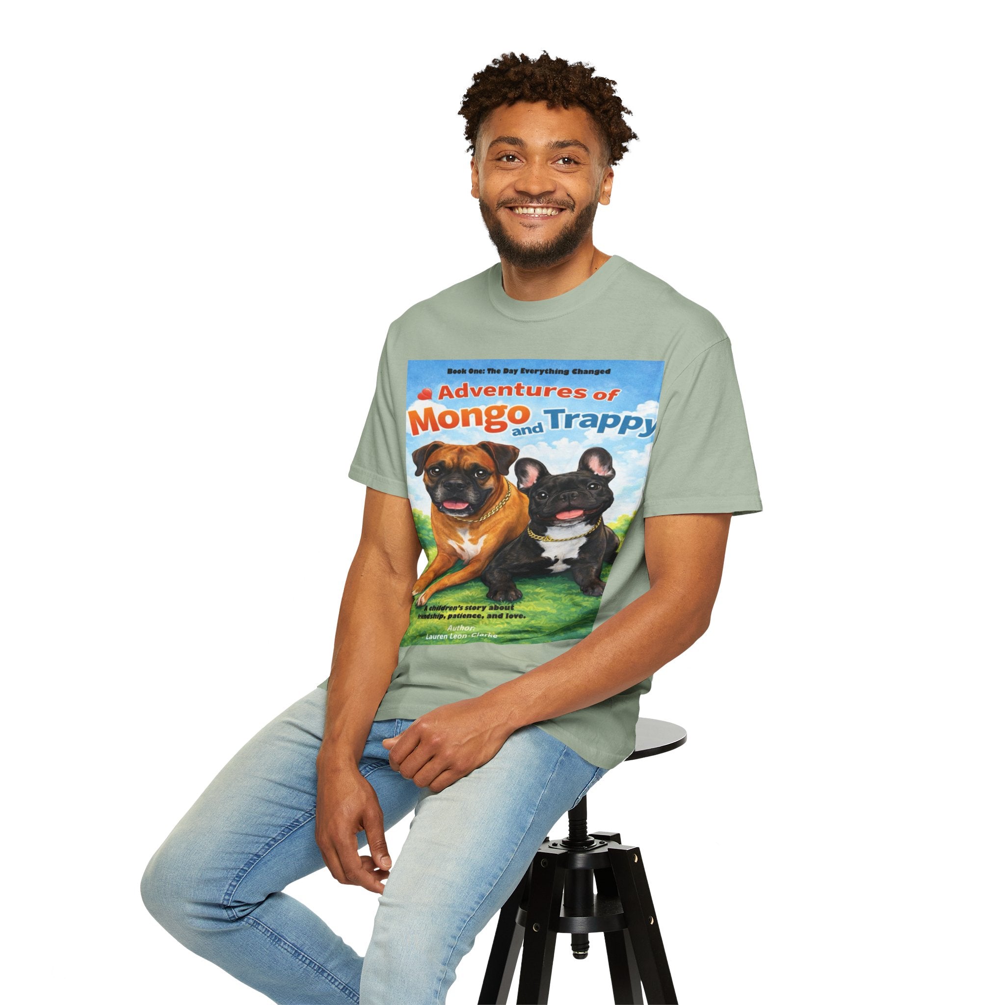 Adventures of Mongo & Trappy T-Shirt — Illustrated Dog Book Cover Tee with QR Code