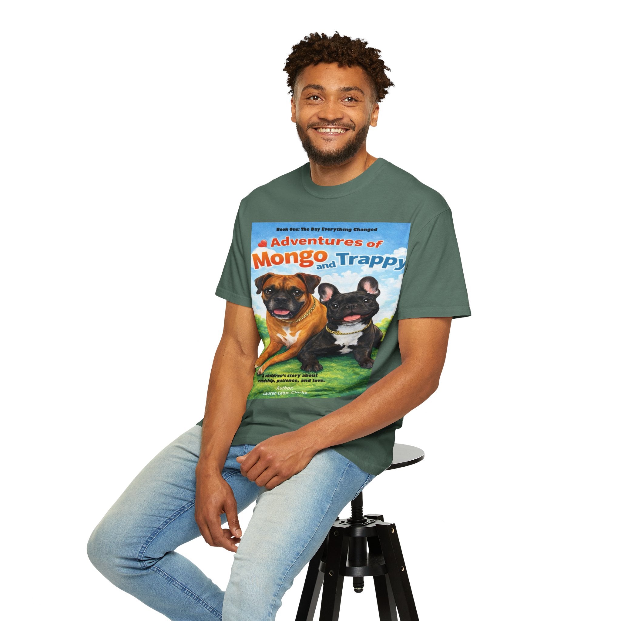 Adventures of Mongo & Trappy T-Shirt — Illustrated Dog Book Cover Tee with QR Code