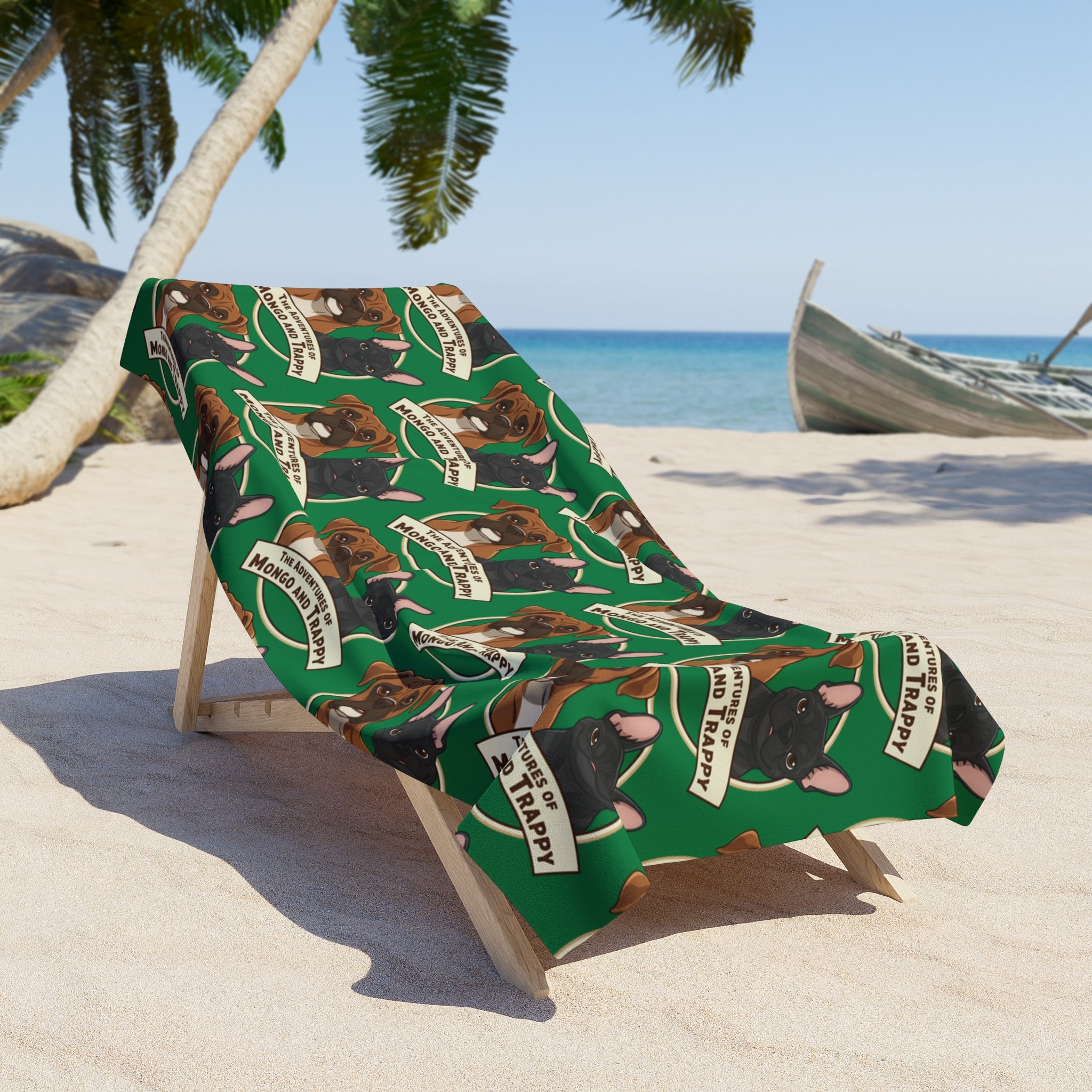Boxer Dog Pattern Beach Towel — "Rescue and Train" Green Beach Towel