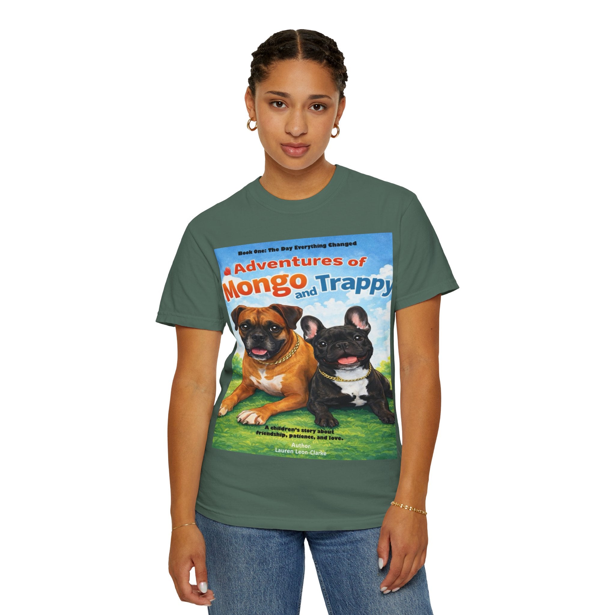 Adventures of Mongo & Trappy T-Shirt — Illustrated Dog Book Cover Tee with QR Code