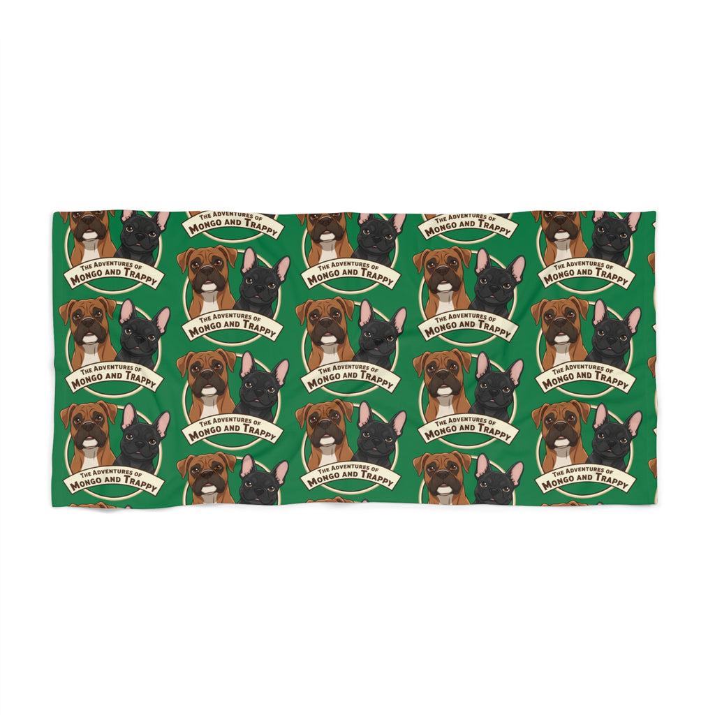 Boxer Dog Pattern Beach Towel — "Rescue and Train" Green Beach Towel