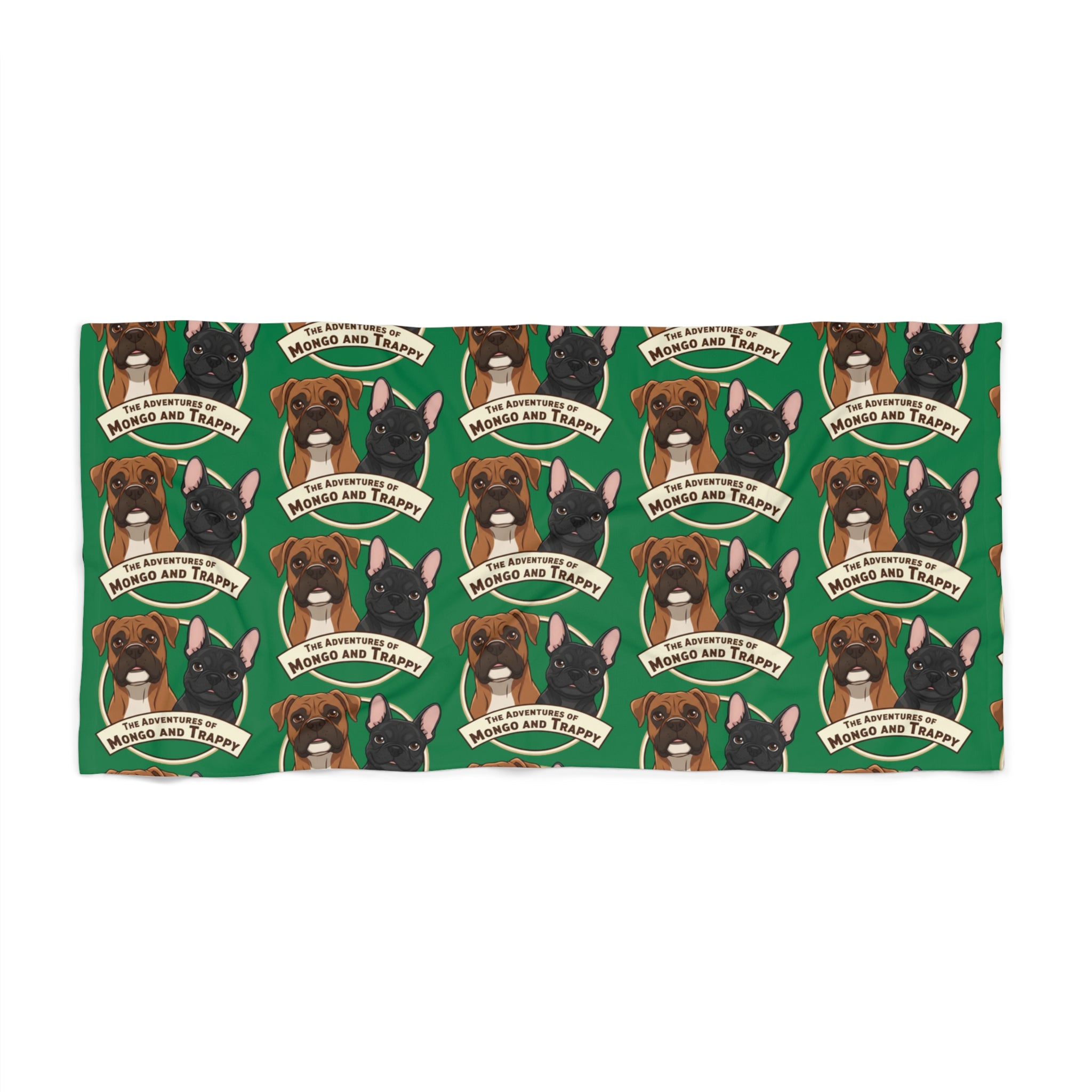 Boxer Dog Pattern Beach Towel — "Rescue and Train" Green Beach Towel