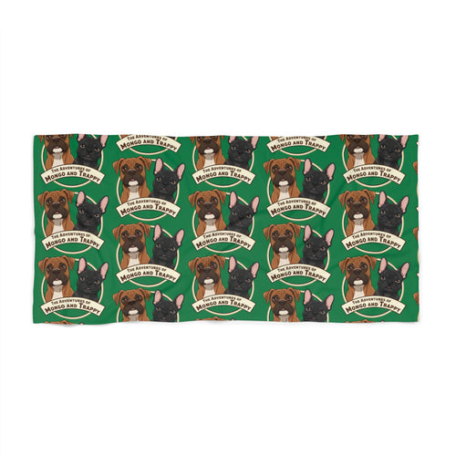 Boxer Dog Pattern Beach Towel — "Rescue and Train" Green Beach Towel