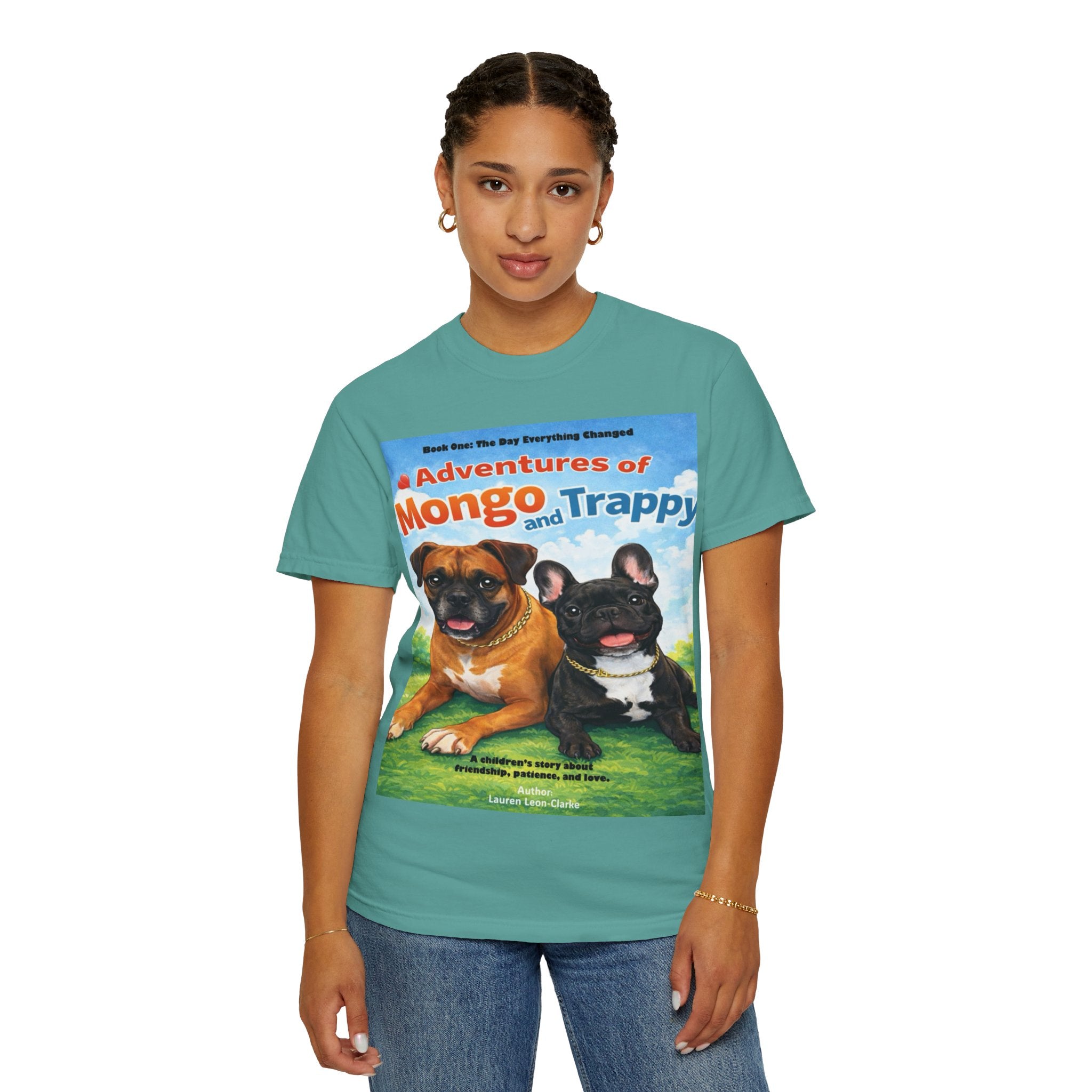 Adventures of Mongo & Trappy T-Shirt — Illustrated Dog Book Cover Tee with QR Code