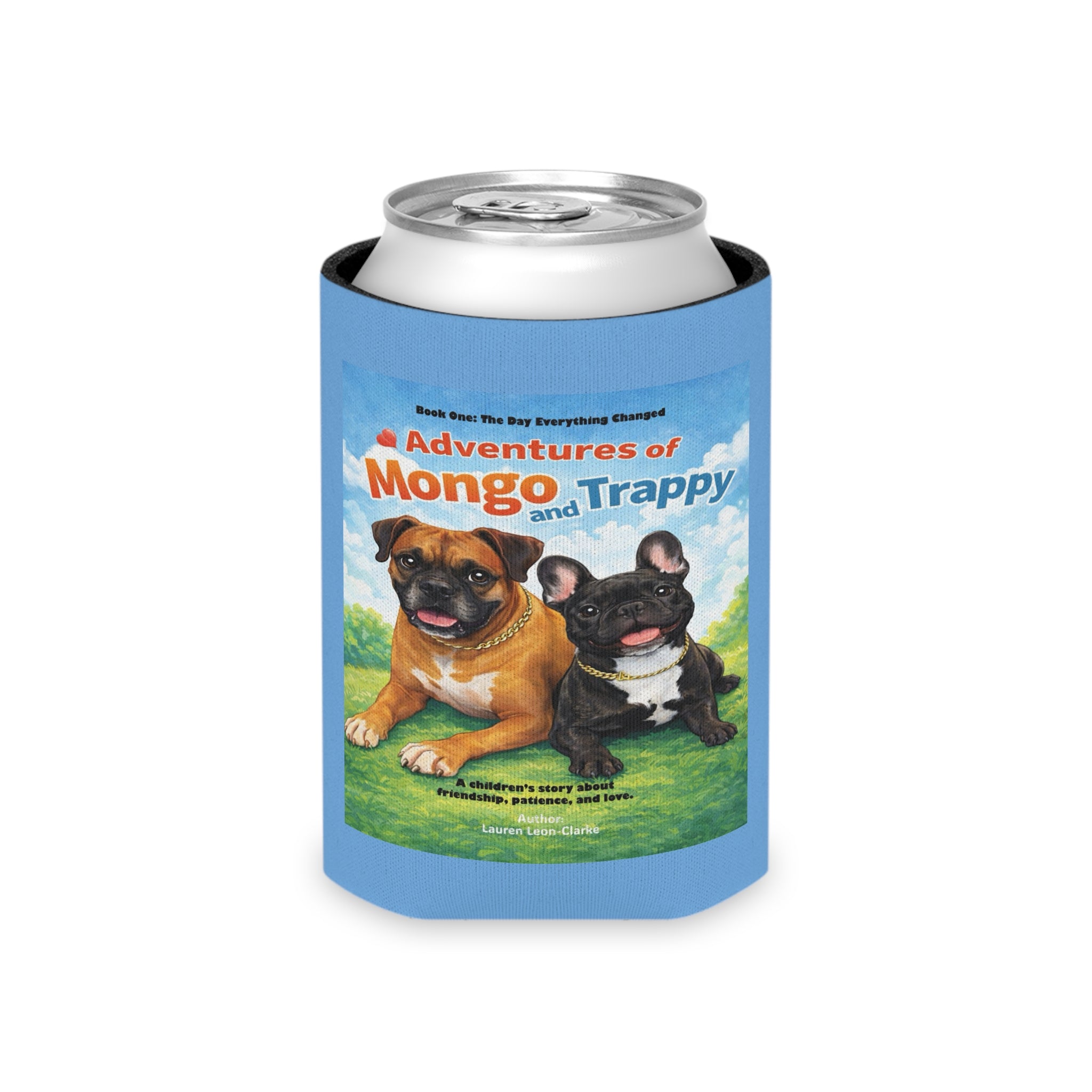 Can Cooler — 'Adventures of Mongo and Trappy' Book Cover Design with QR Code