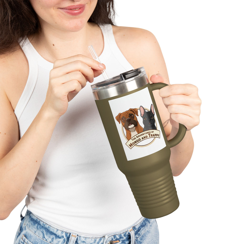 40oz Insulated Travel Mug — "My Adventures with Mongo and Trapper" Dog Portrait Tumbler