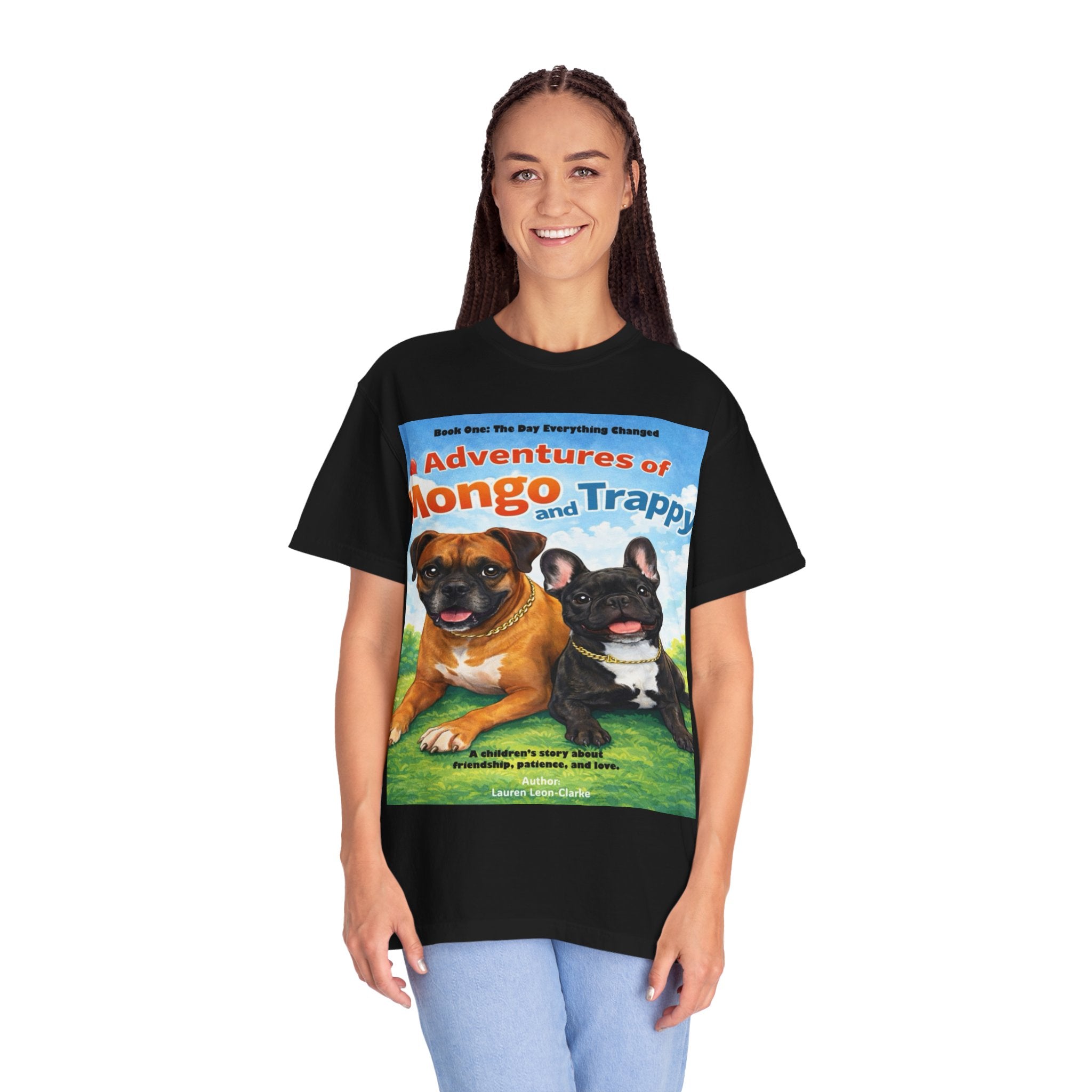 Adventures of Mongo & Trappy T-Shirt — Illustrated Dog Book Cover Tee with QR Code