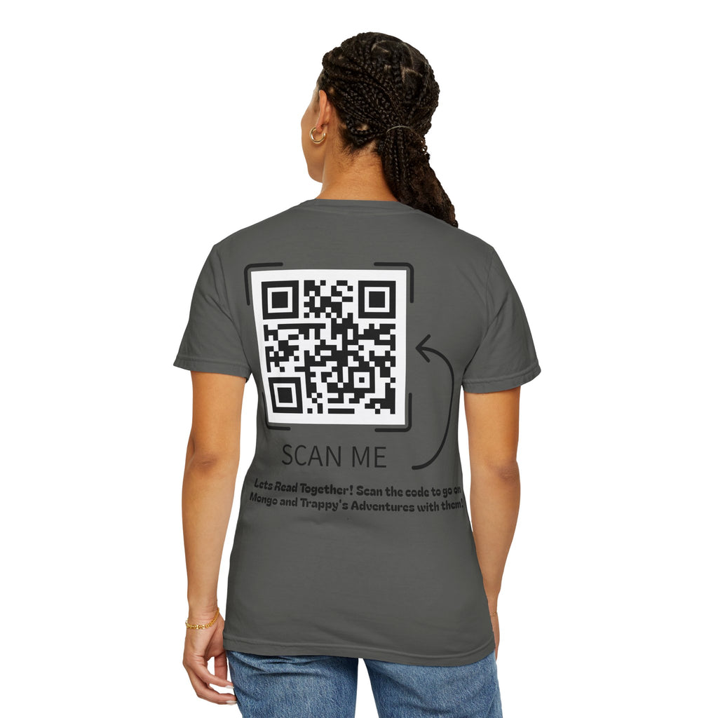 Adventures of Mongo & Trappy T-Shirt — Illustrated Dog Book Cover Tee with QR Code