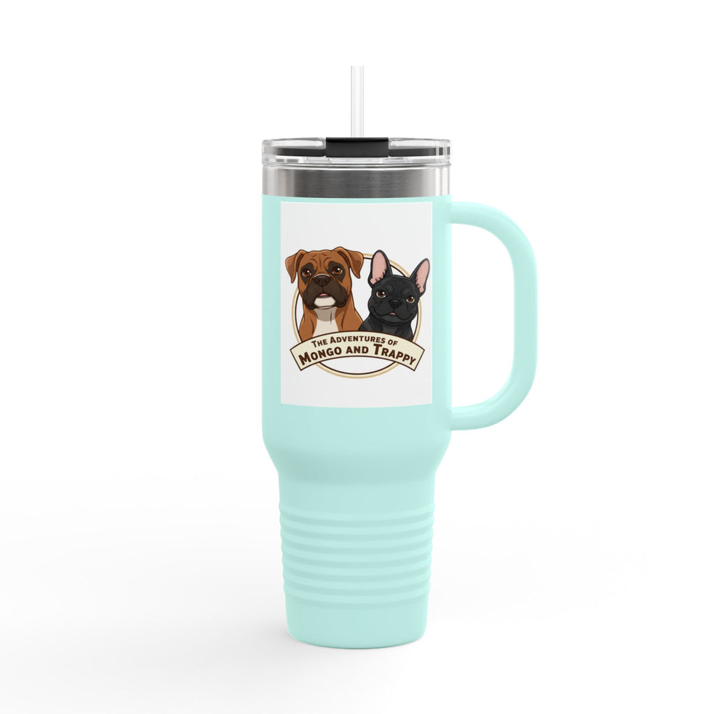 40oz Insulated Travel Mug — "My Adventures with Mongo and Trapper" Dog Portrait Tumbler
