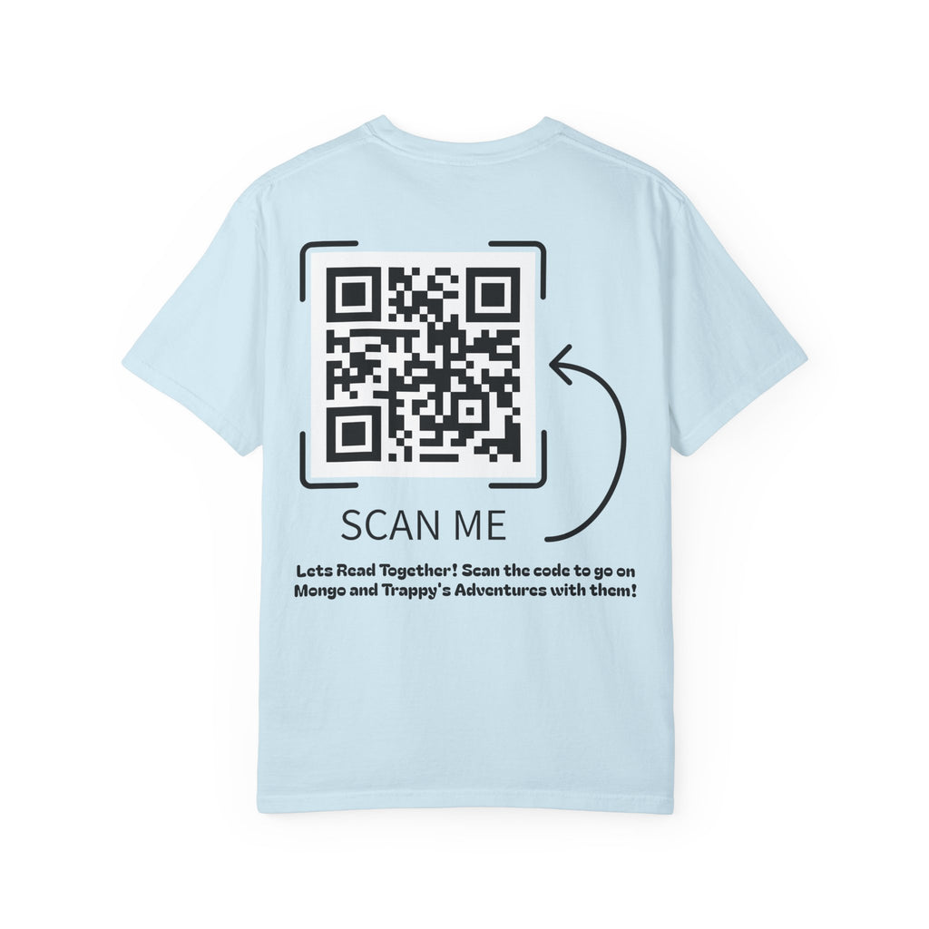 Adventures of Mongo & Trappy T-Shirt — Illustrated Dog Book Cover Tee with QR Code
