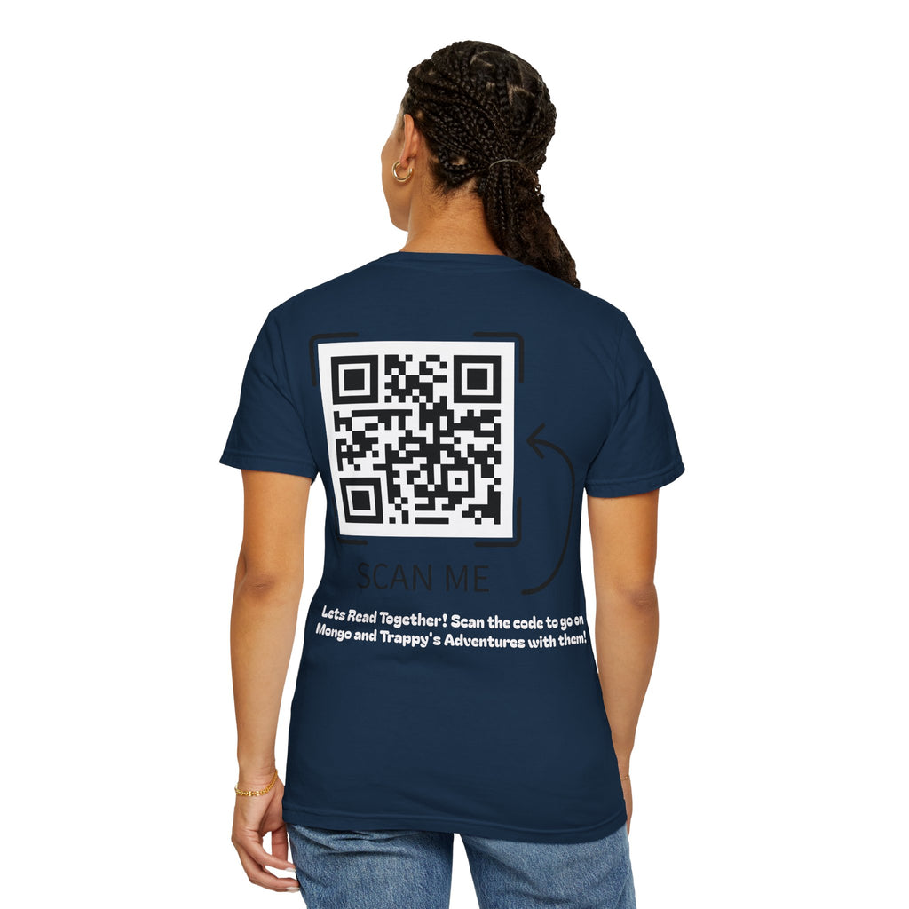 Adventures of Mongo & Trappy T-Shirt — Illustrated Dog Book Cover Tee with QR Code