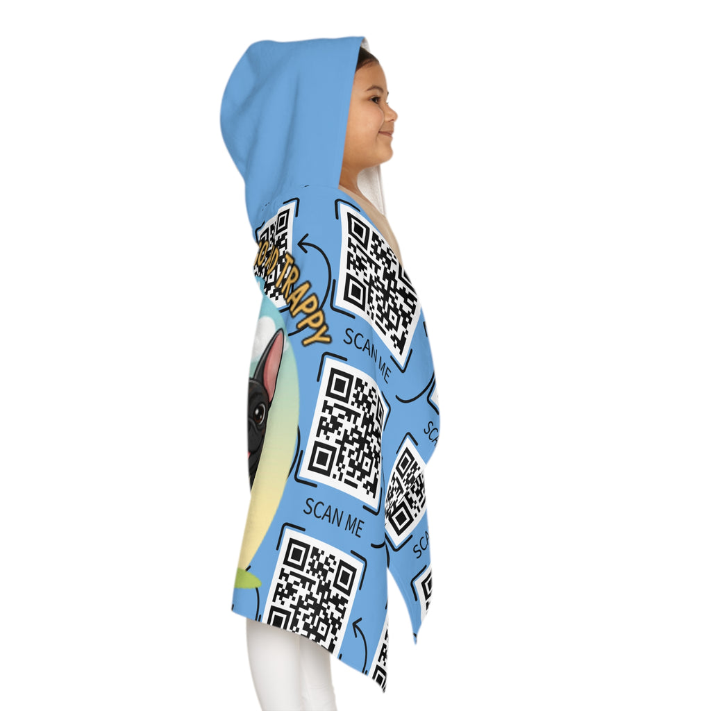 Youth Hooded Towel — "The Adventures of Mongo and Trappy" Cartoon Dogs Beach Towel with QR Code Design