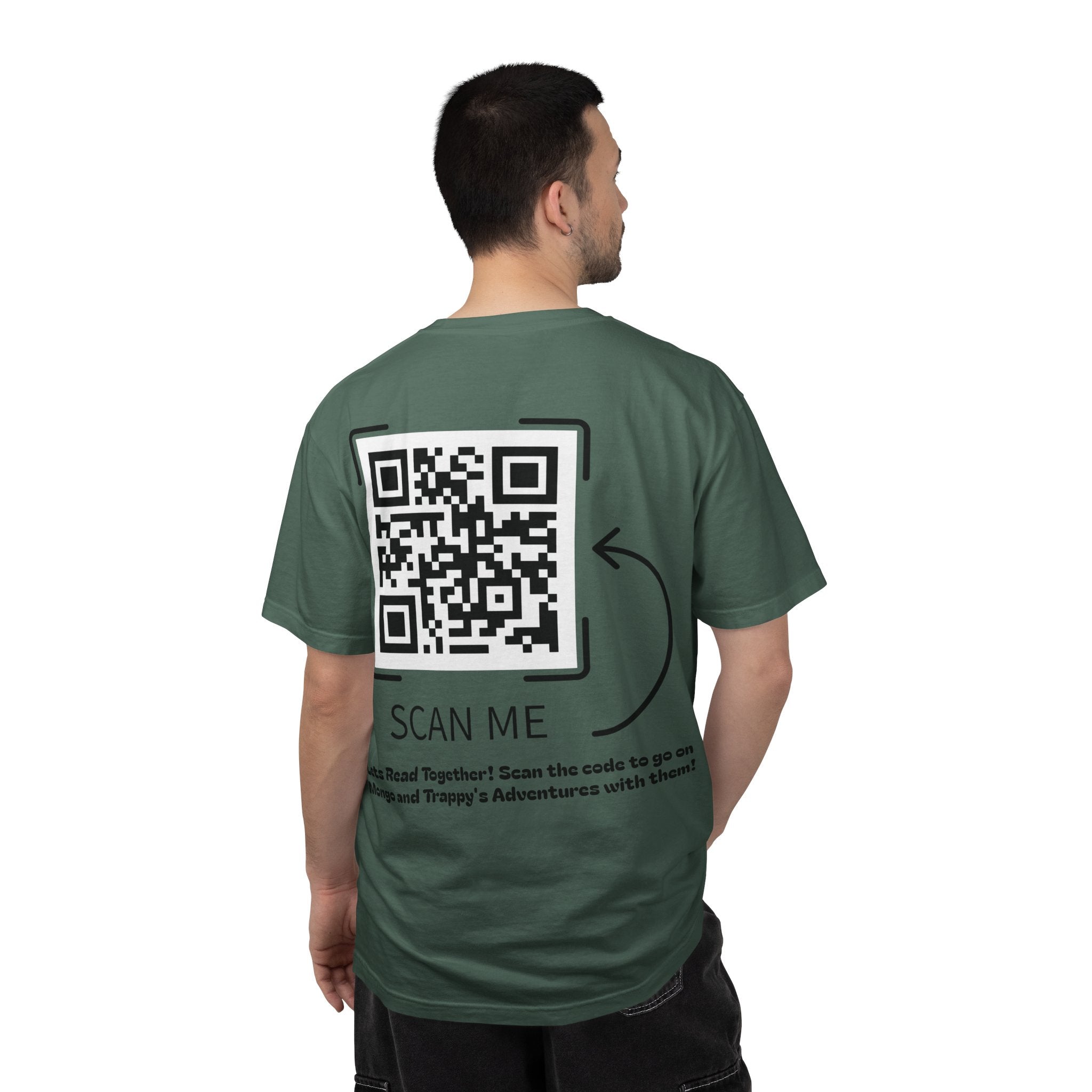 Adventures of Mongo & Trappy T-Shirt — Illustrated Dog Book Cover Tee with QR Code