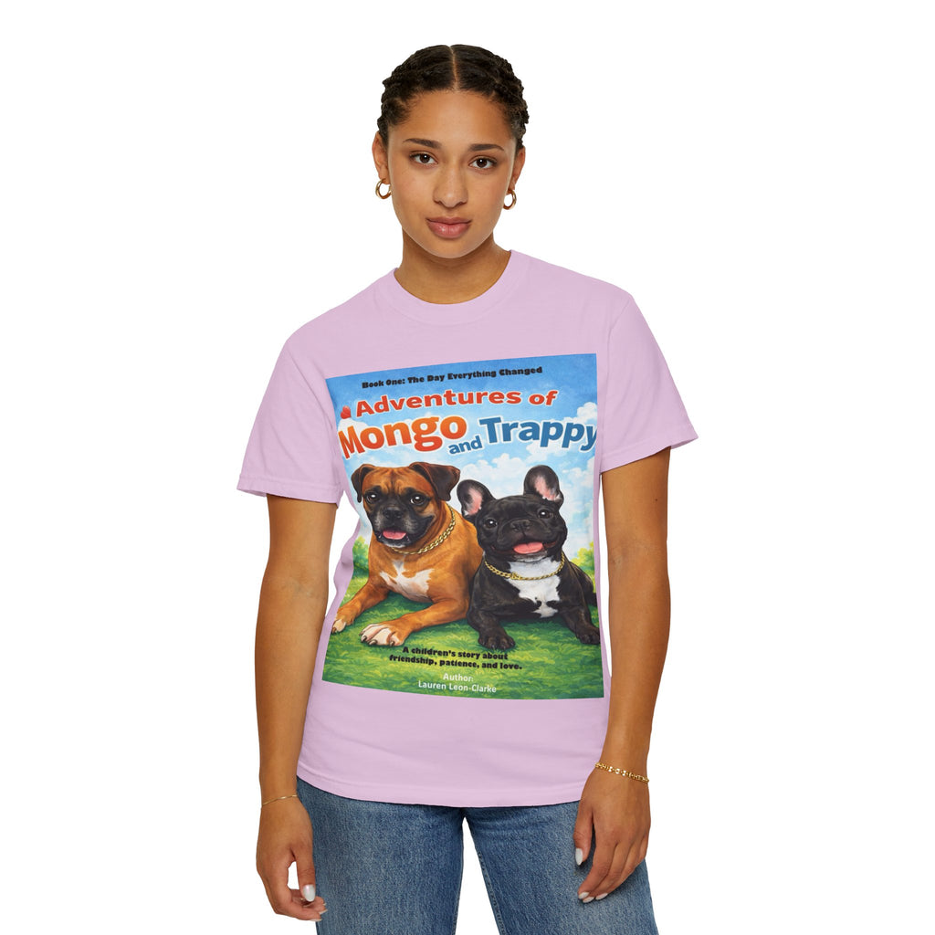 Adventures of Mongo & Trappy T-Shirt — Illustrated Dog Book Cover Tee with QR Code