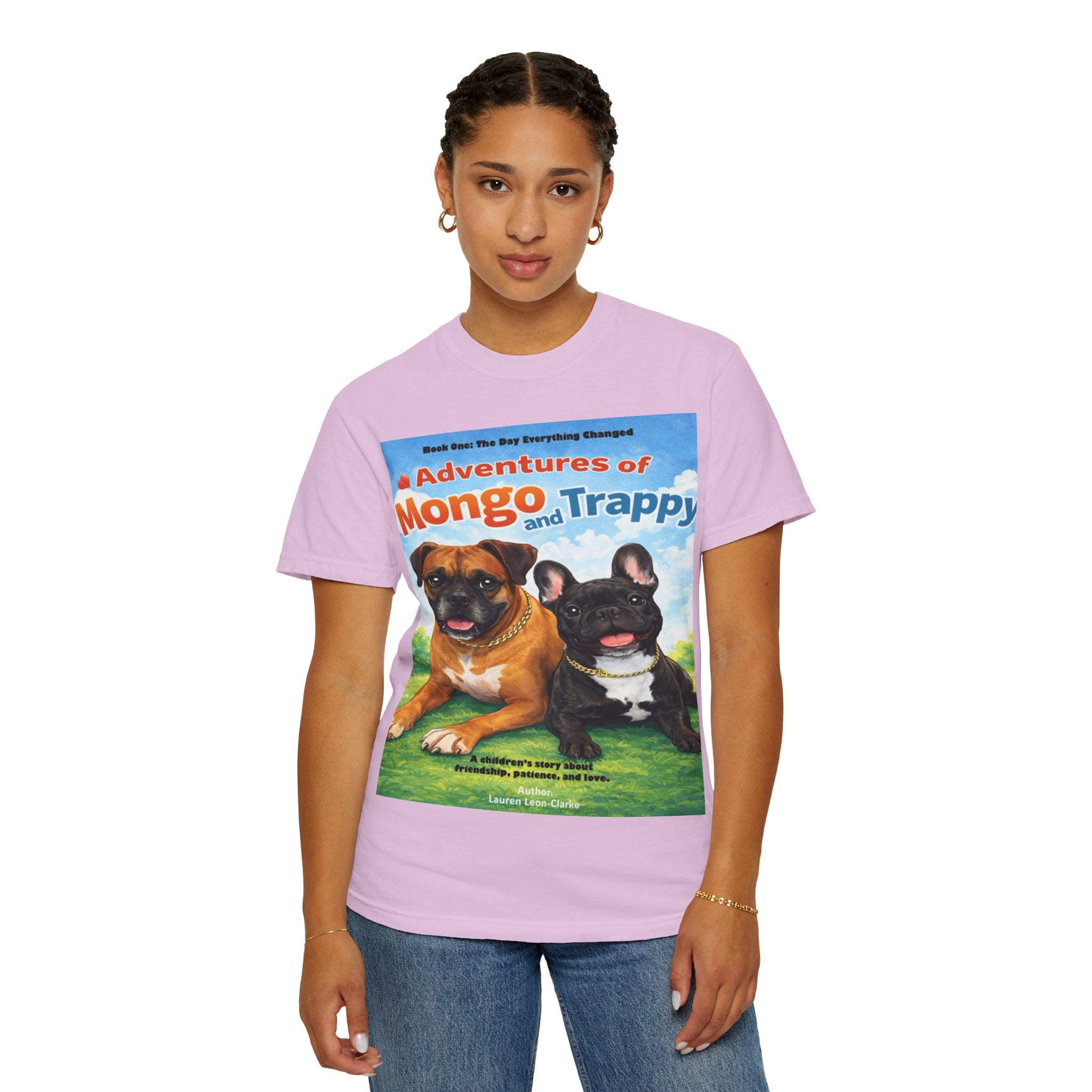 Adventures of Mongo & Trappy T-Shirt — Illustrated Dog Book Cover Tee with QR Code