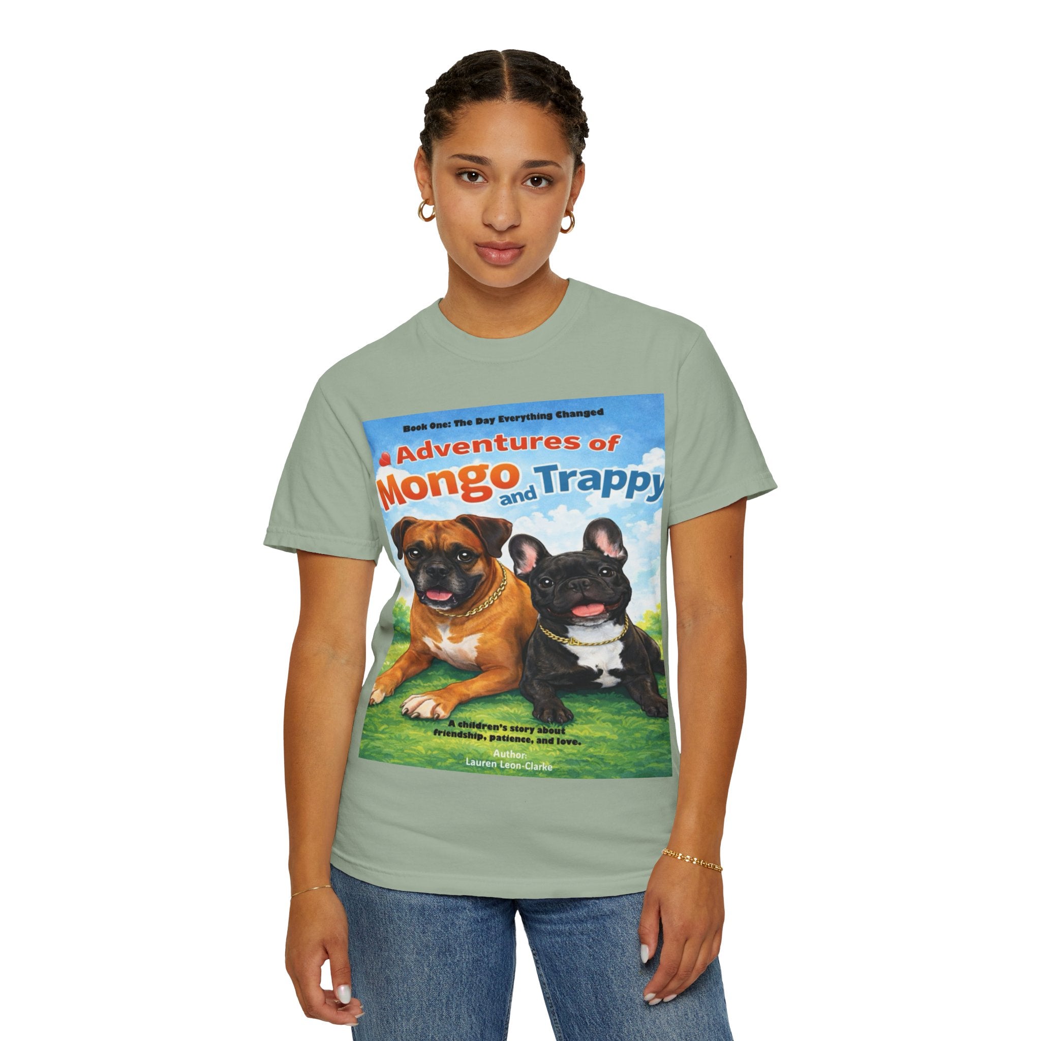 Adventures of Mongo & Trappy T-Shirt — Illustrated Dog Book Cover Tee with QR Code