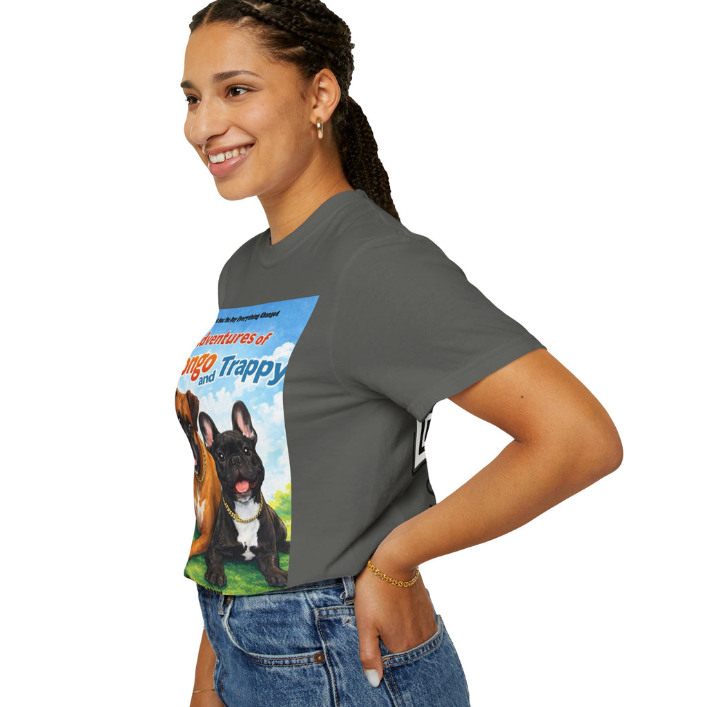 Adventures of Mongo & Trappy T-Shirt — Illustrated Dog Book Cover Tee with QR Code