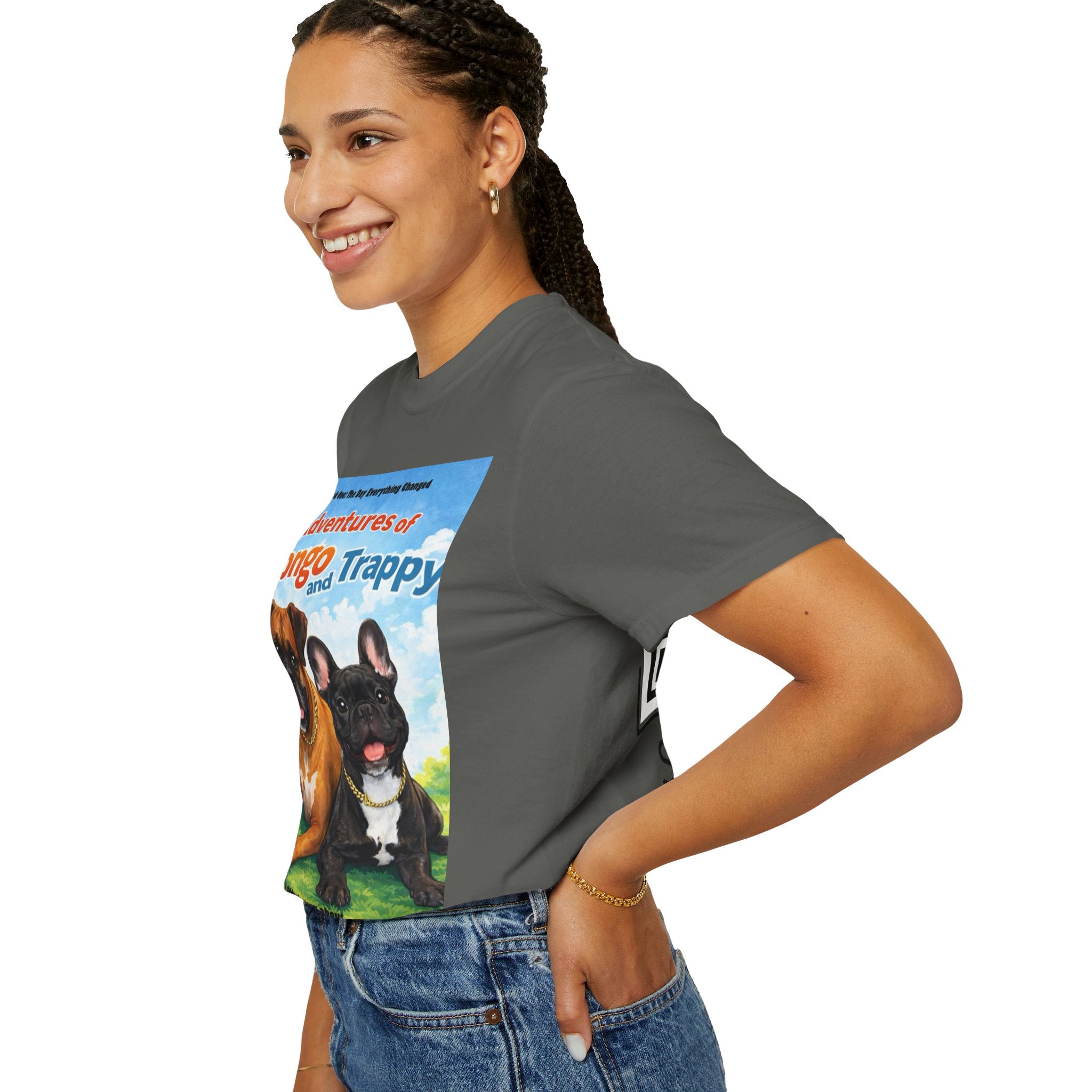Adventures of Mongo & Trappy T-Shirt — Illustrated Dog Book Cover Tee with QR Code