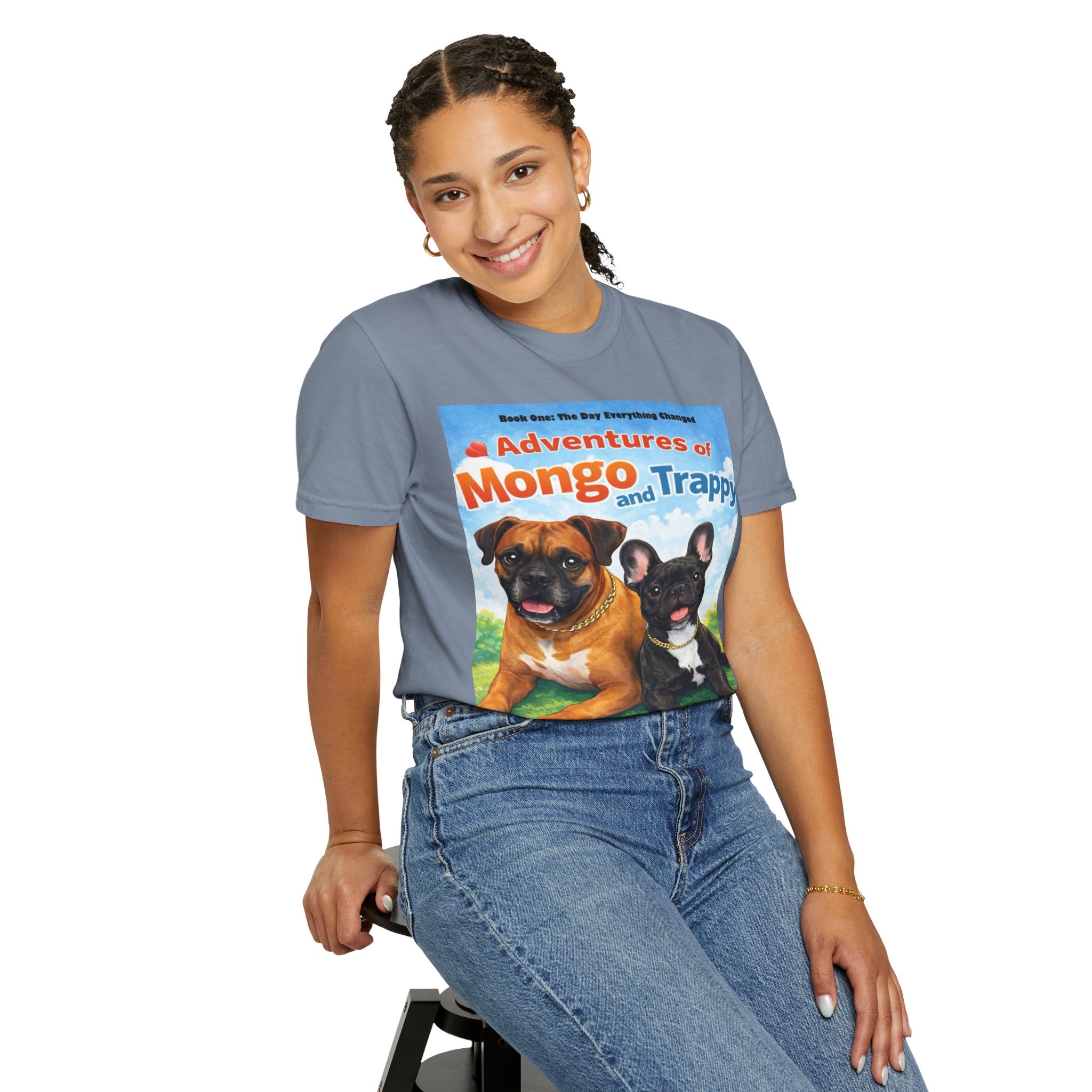 Adventures of Mongo & Trappy T-Shirt — Illustrated Dog Book Cover Tee with QR Code