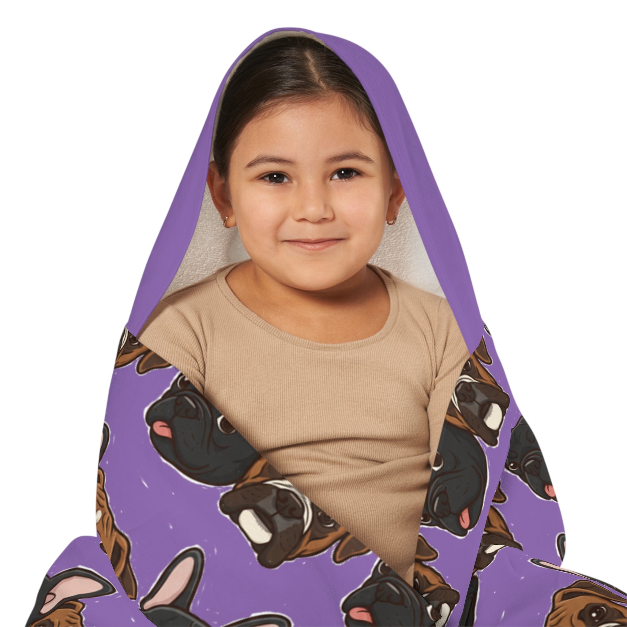 Kids Hooded Beach Towel — Cute French Bulldog Pattern on Purple