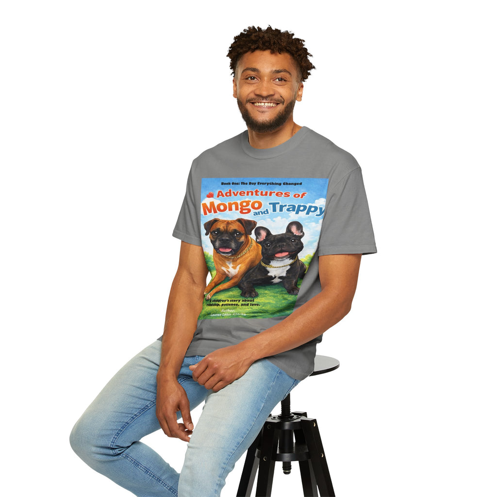 Adventures of Mongo & Trappy T-Shirt — Illustrated Dog Book Cover Tee with QR Code