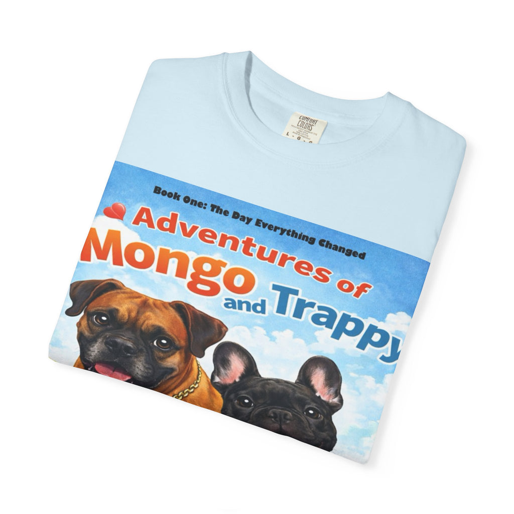 Adventures of Mongo & Trappy T-Shirt — Illustrated Dog Book Cover Tee with QR Code