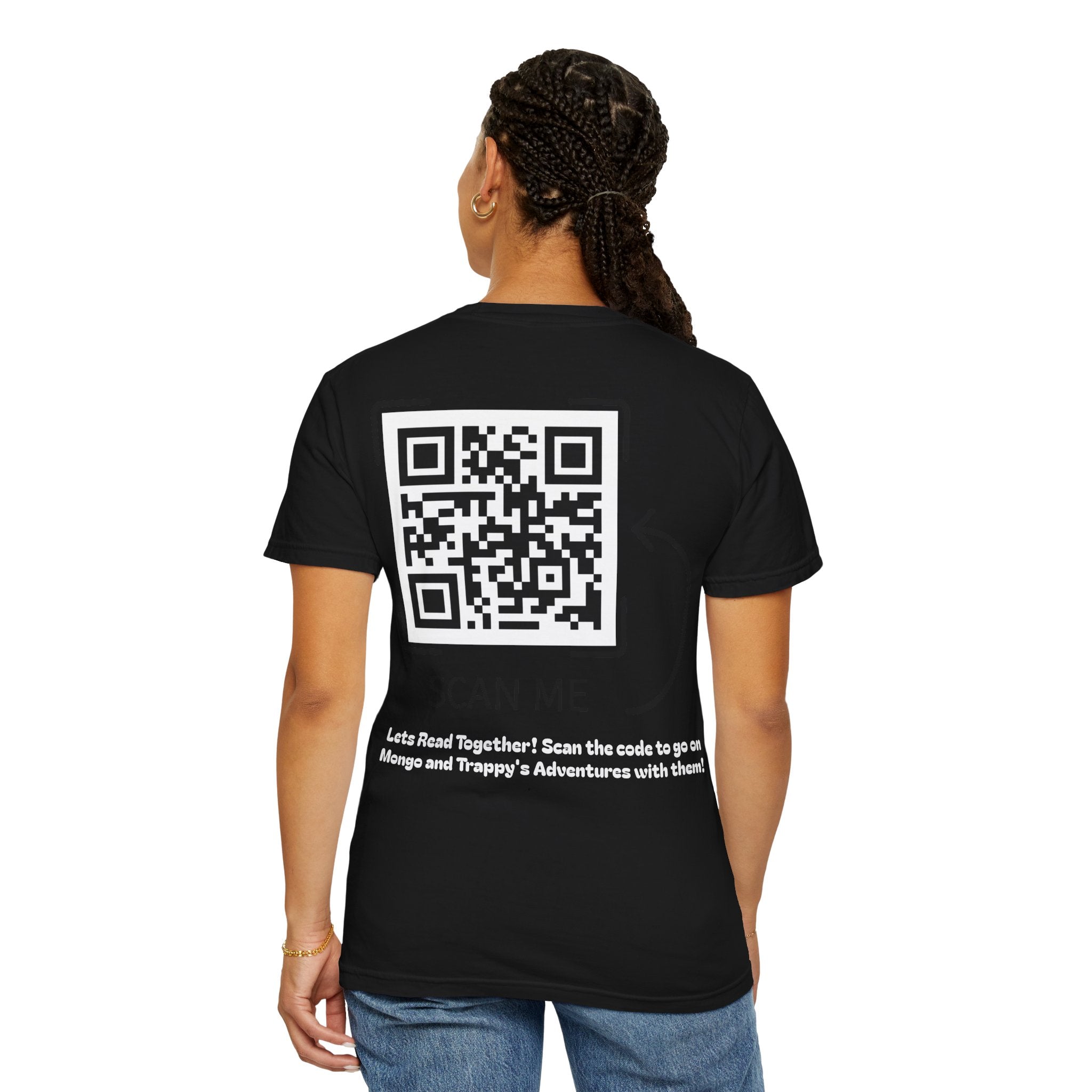 Adventures of Mongo & Trappy T-Shirt — Illustrated Dog Book Cover Tee with QR Code