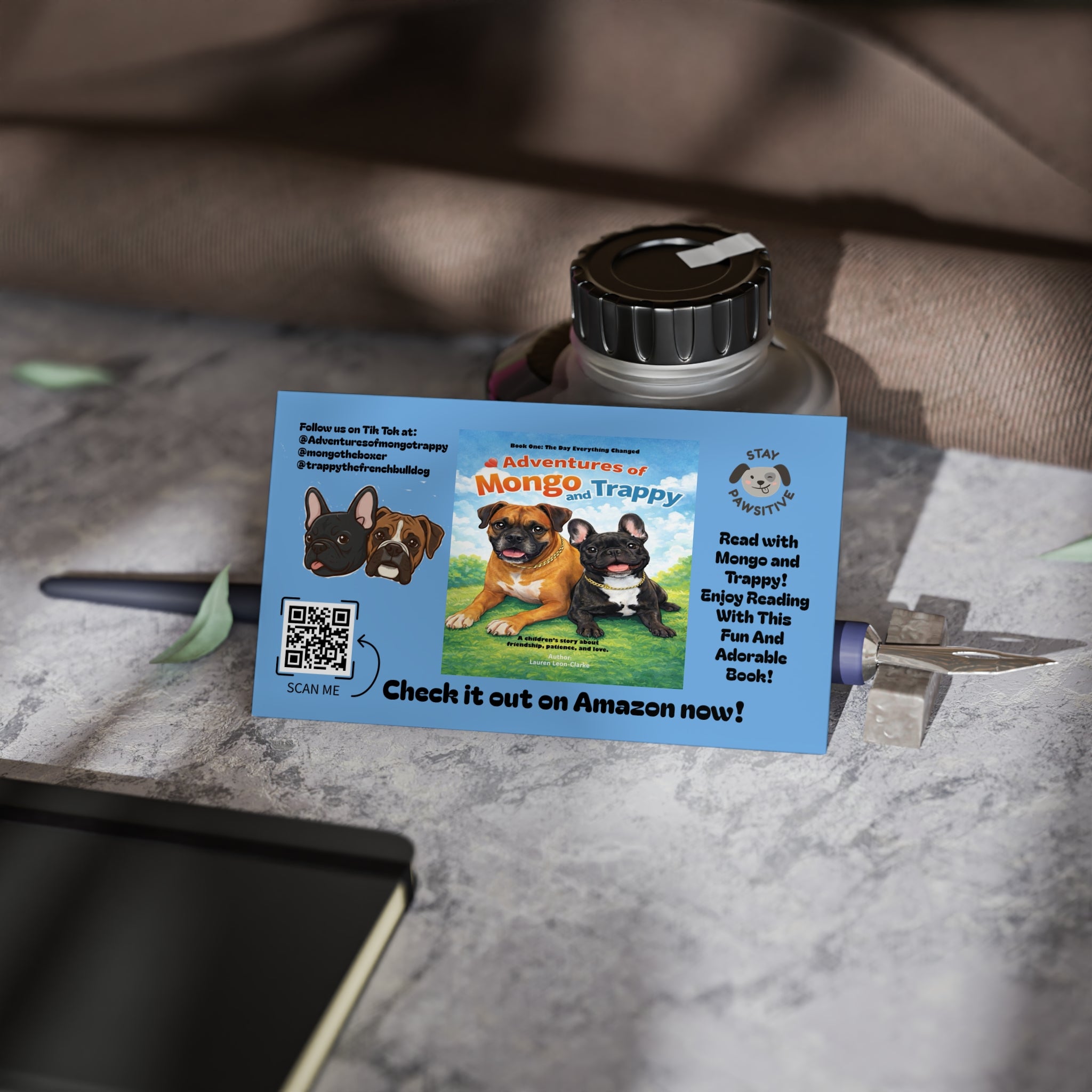 Blue Promotional Business Cards — 'Adventures of Mongo & Trappy' Book Marketing Card with QR Code