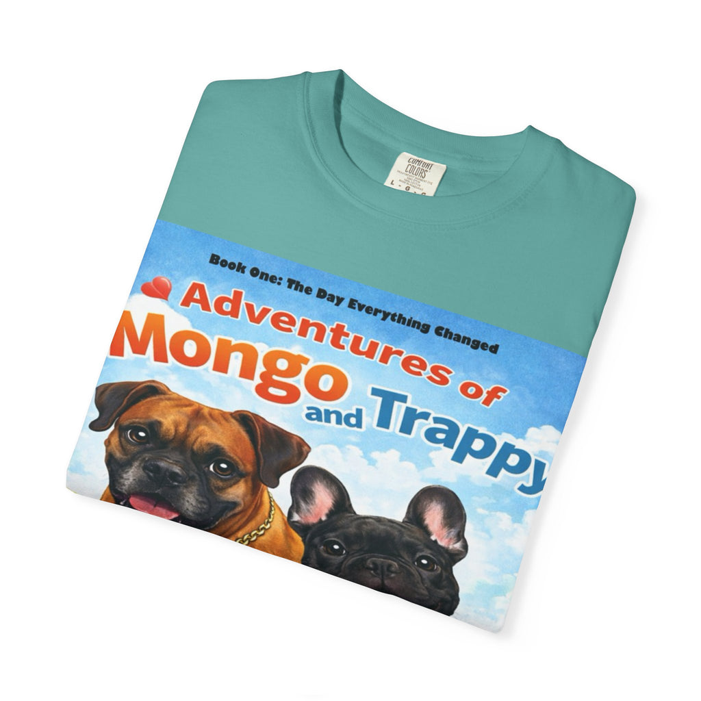 Adventures of Mongo & Trappy T-Shirt — Illustrated Dog Book Cover Tee with QR Code
