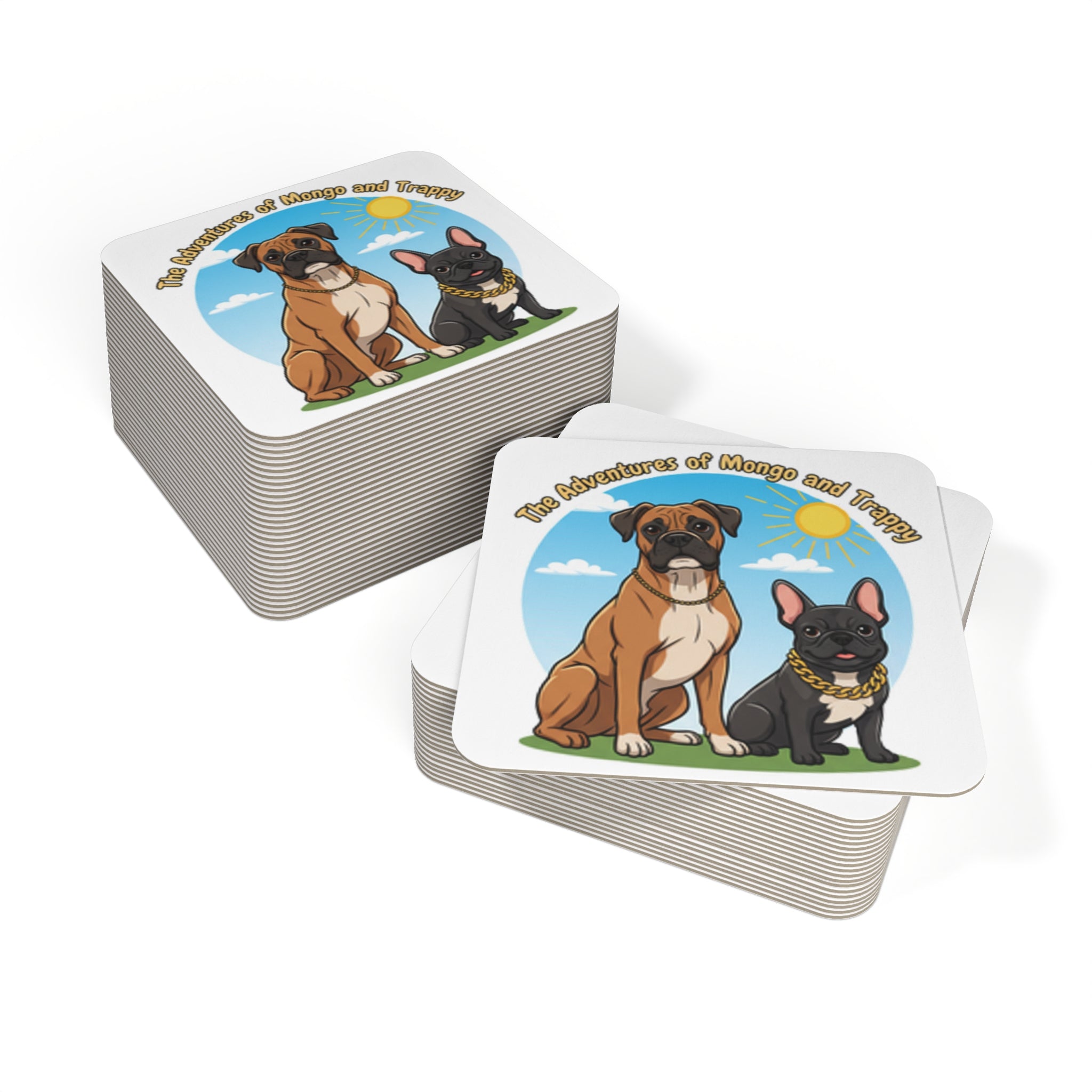 Dog Coasters — "The Adventures of Mongo and Trappy" Cartoon Drink Coasters (Set of 50/100)
