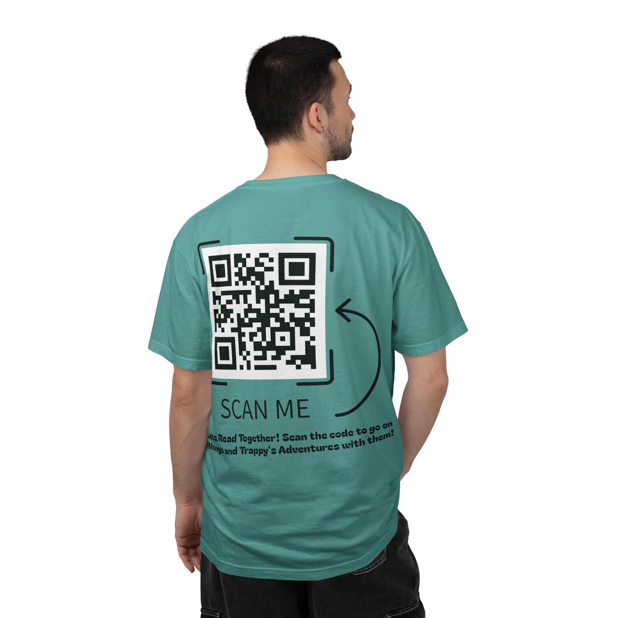 Adventures of Mongo & Trappy T-Shirt — Illustrated Dog Book Cover Tee with QR Code